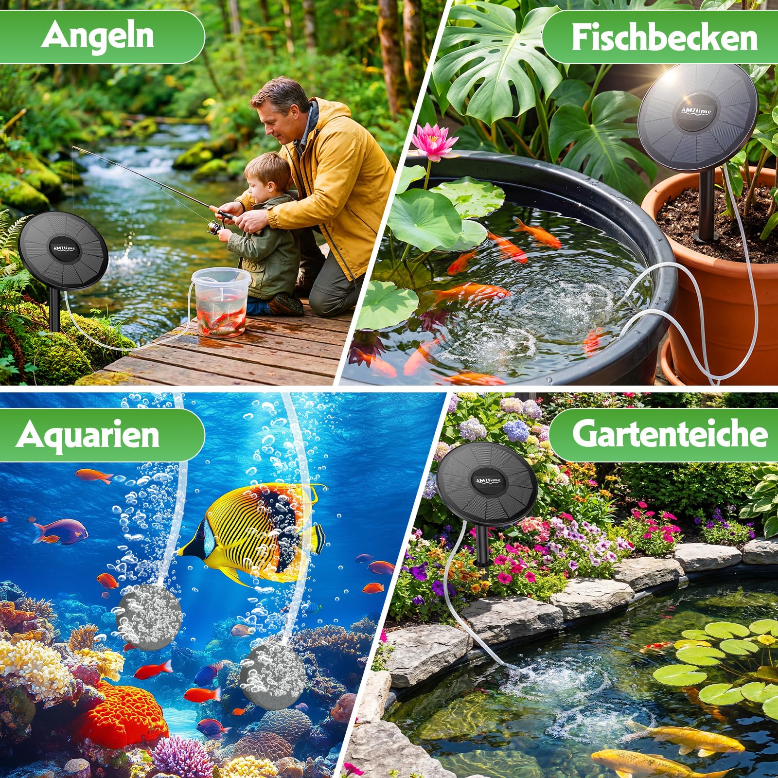 AMZtime 3W Solar Teichbelüfter mit 2200 mAh Akku, Integriertes Teichbelüfter Sauerstoffpumpe mit rundem Solarpanel, Sauerstoff Luftpumpe Teich 2 Modi 2 Luftsteine für Gartenteich, Angeln