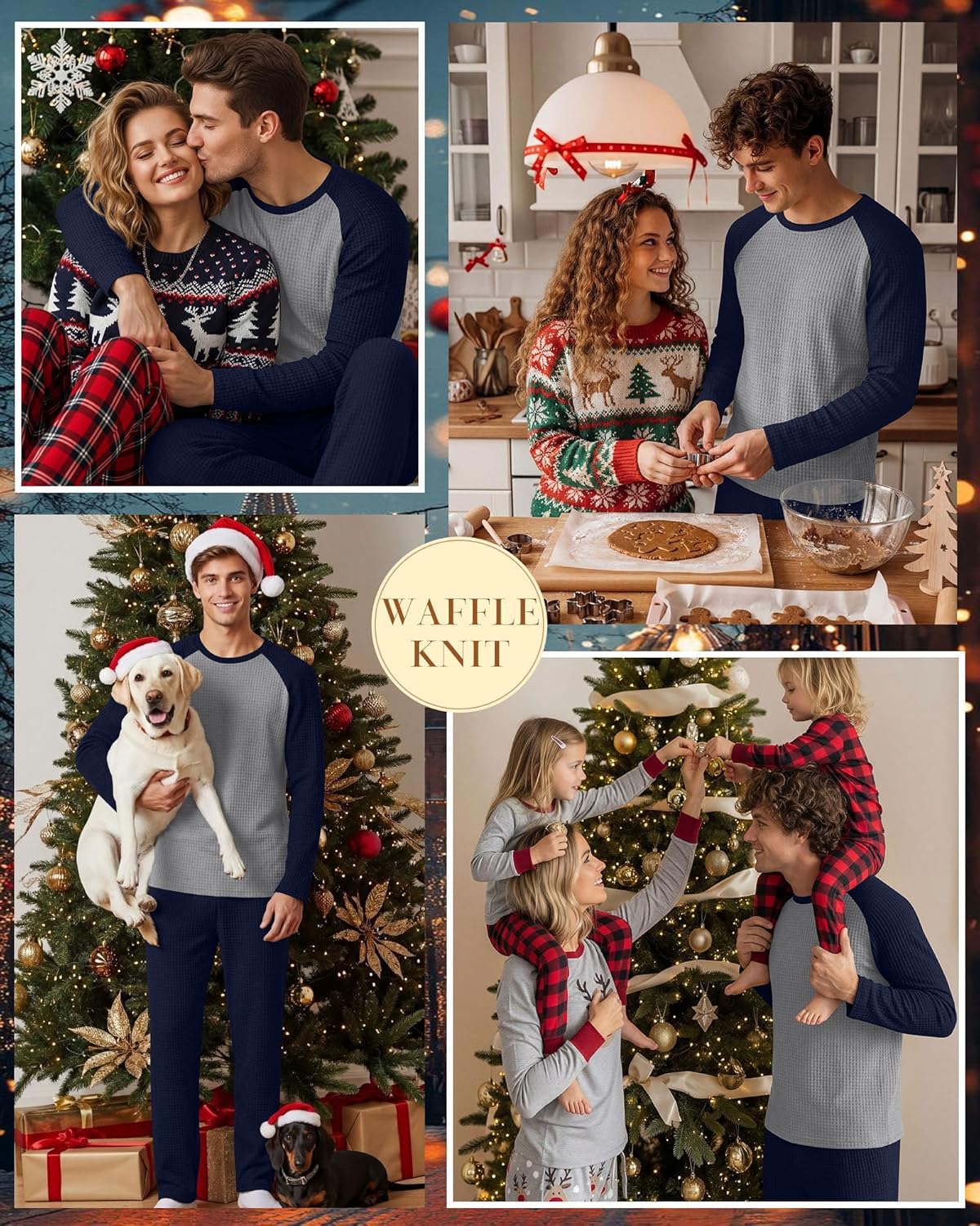 August Alley Men's Waffle Knit Pajama Set Long Sleeve Sleepwear Crewneck Shirts and Bottoms Loungewear with Pockets