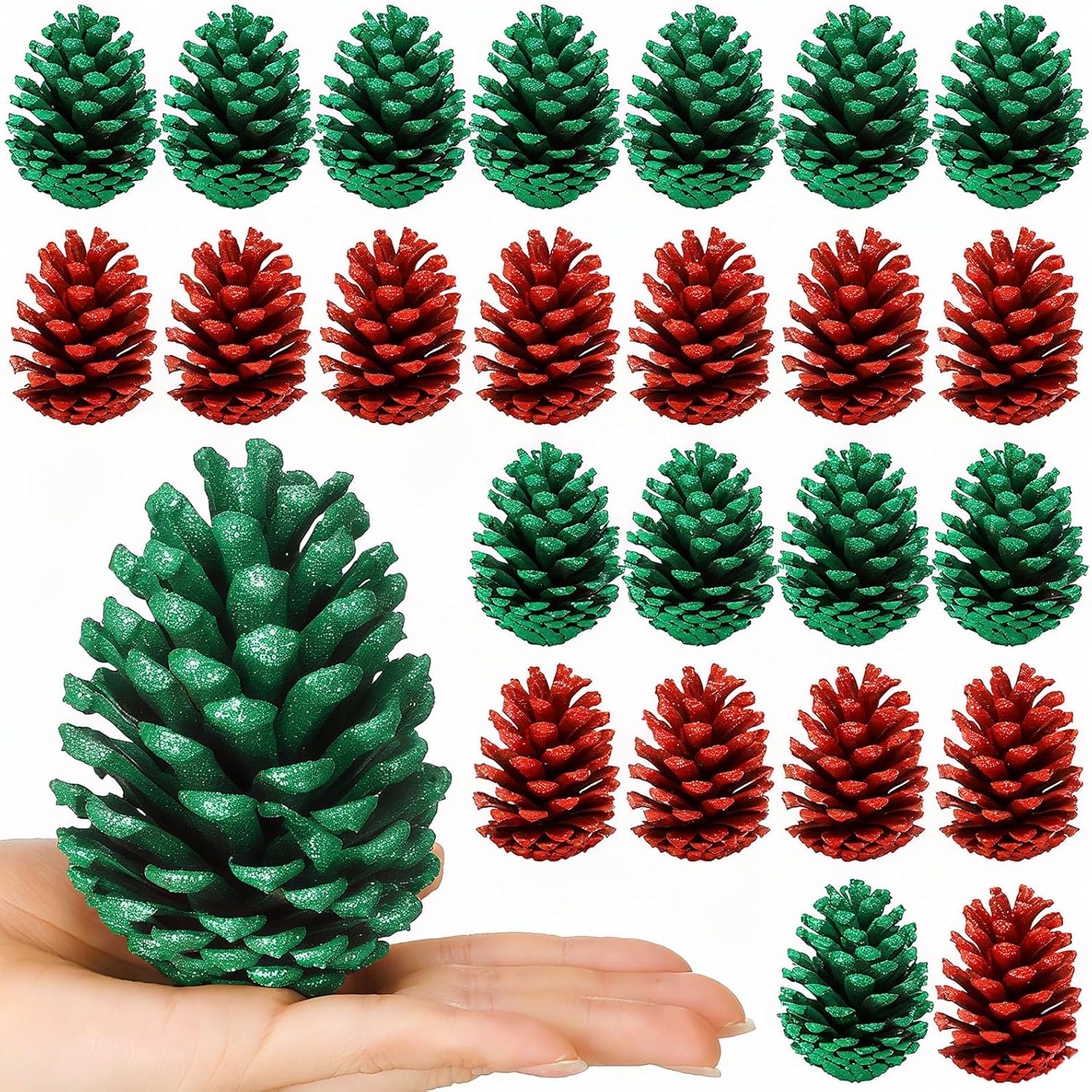 Janinka 24 Pcs Large Red Green Christmas Glitter Pine Cones 4 Inch Pine Cone Ornaments Artificial Christmas Pinecone Decorations for Xmas Tree Vase Fillers Garland Wreath DIY Craft