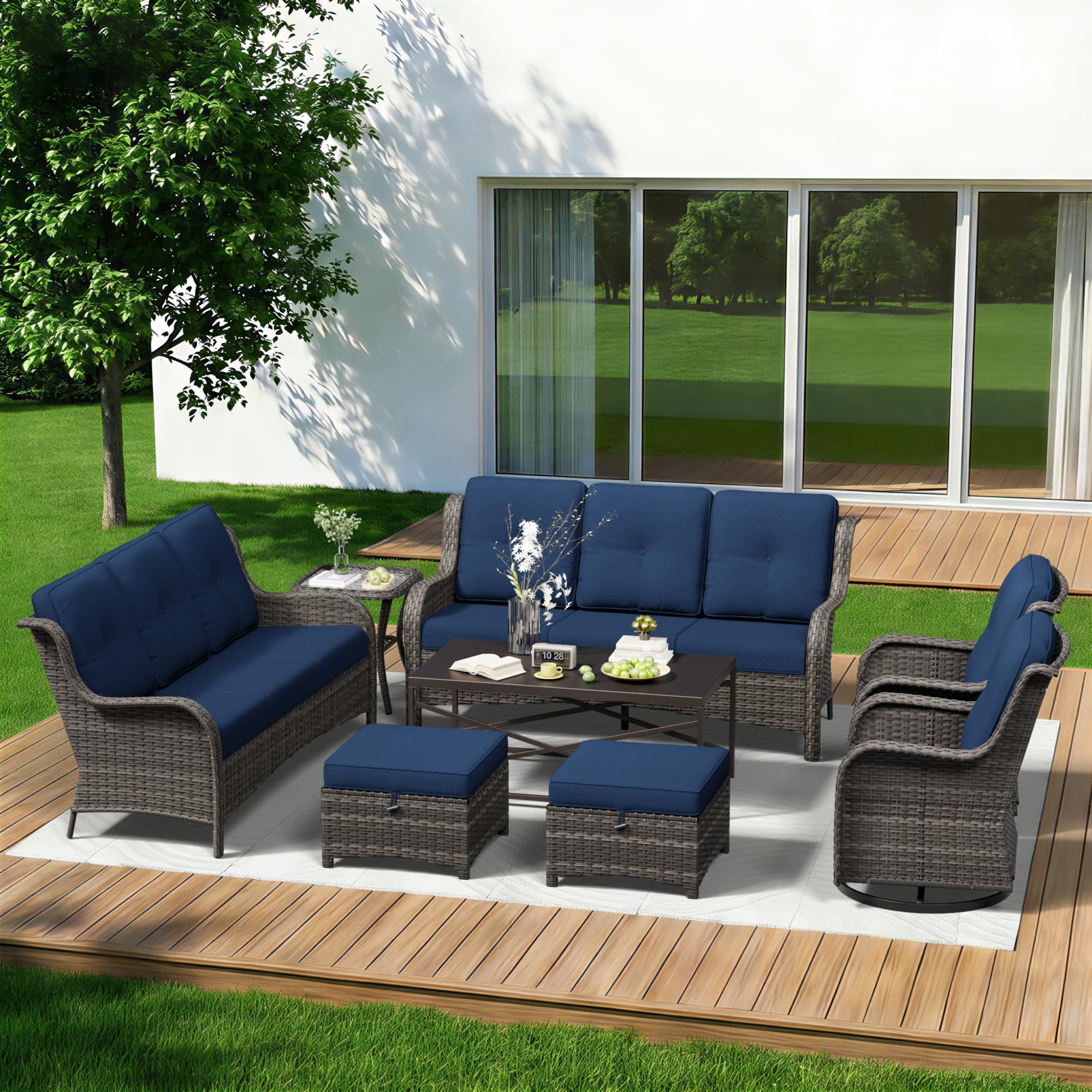8 Piece Outdoor Wicker Patio Furniture Set, Outdoor Swivel Rocker Patio Chairs Set with Thickened Olefin Cushions, High Back and Deep Seating, Hand-Woven PE Rattan for Porch, Deck