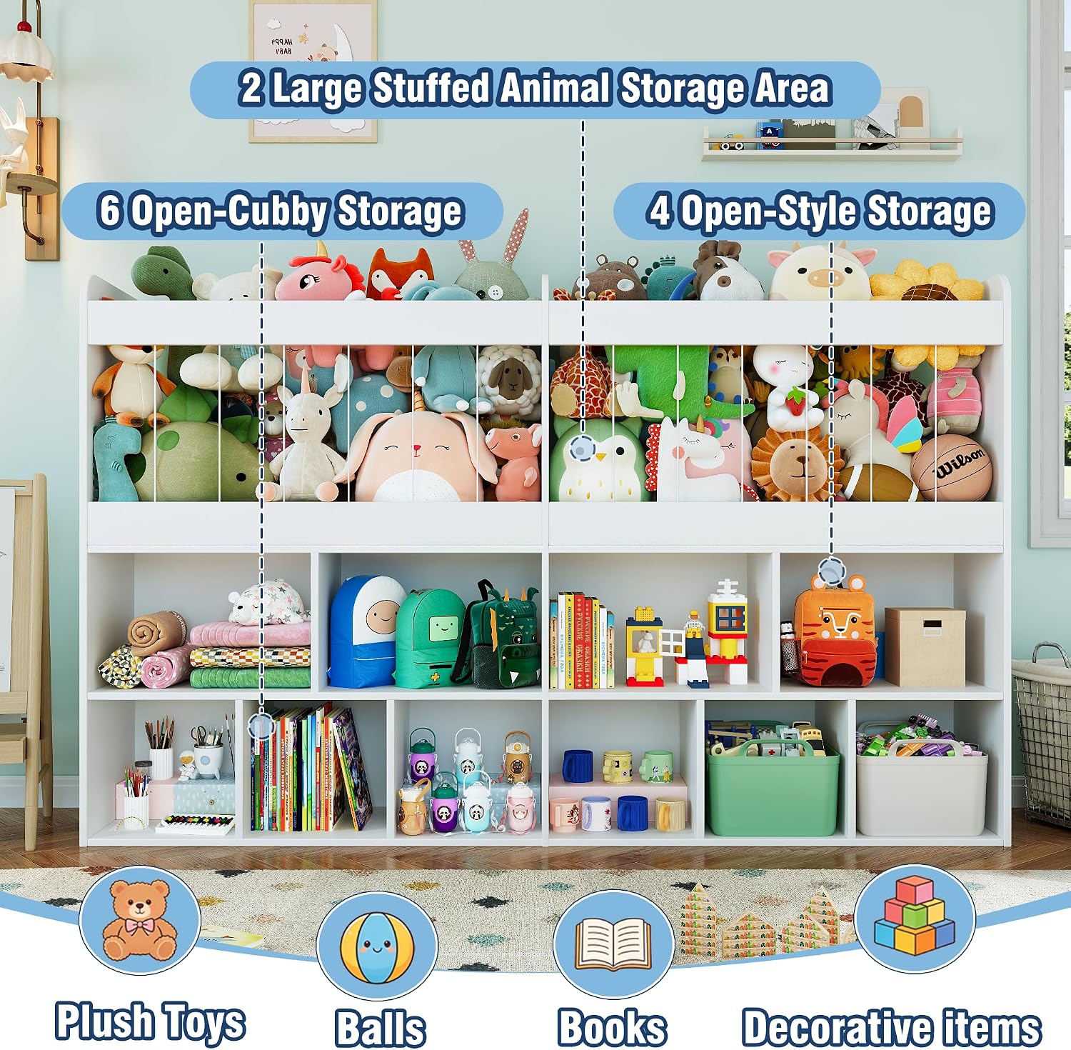 63.6"W Toy Storage Organizer, Kids Bookshelf with 10 Cube Organizer Bookcase, 220L Stuffed Animal Storage, Open Shelf Simple Compartments for Playroom, Kids Room, Living Room, Kindergarten,White