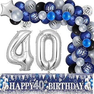 40th Birthday Party Decorations Navy Blue Silver Happy 40th Birthday Yard Banner with 61pcs Latex Balloons Foil Number 40 Balloons Backdrop for Men Women Birthday Anniversary Party Decor Supplies