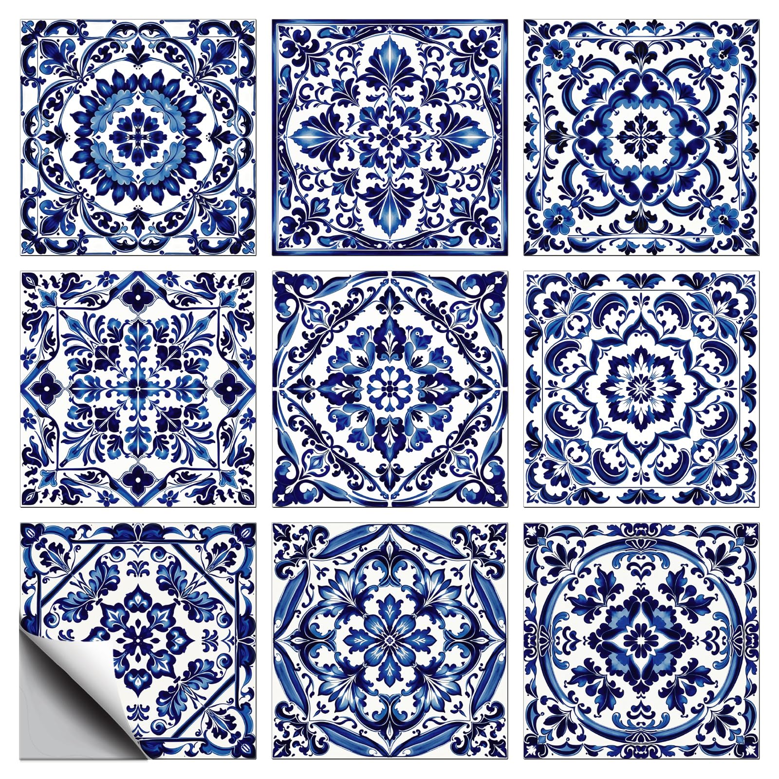 CONCHLERY 36 Pcs 9 Style Mosaic Blue Flowers Style Peel and Stick Wall Tile Sticker Spanish Vintage Ceramic Flowers Wall Stickers Waterproof Self Adhesive Stick on Tile Decals for Kitchen, 4×4 Inch — image 1