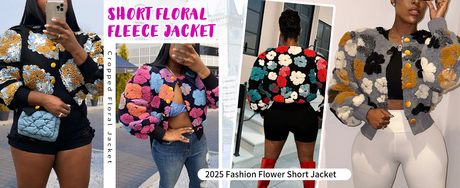 Amazon.com: HOULENGS Women's Cropped Floral Print Fleece Bomber