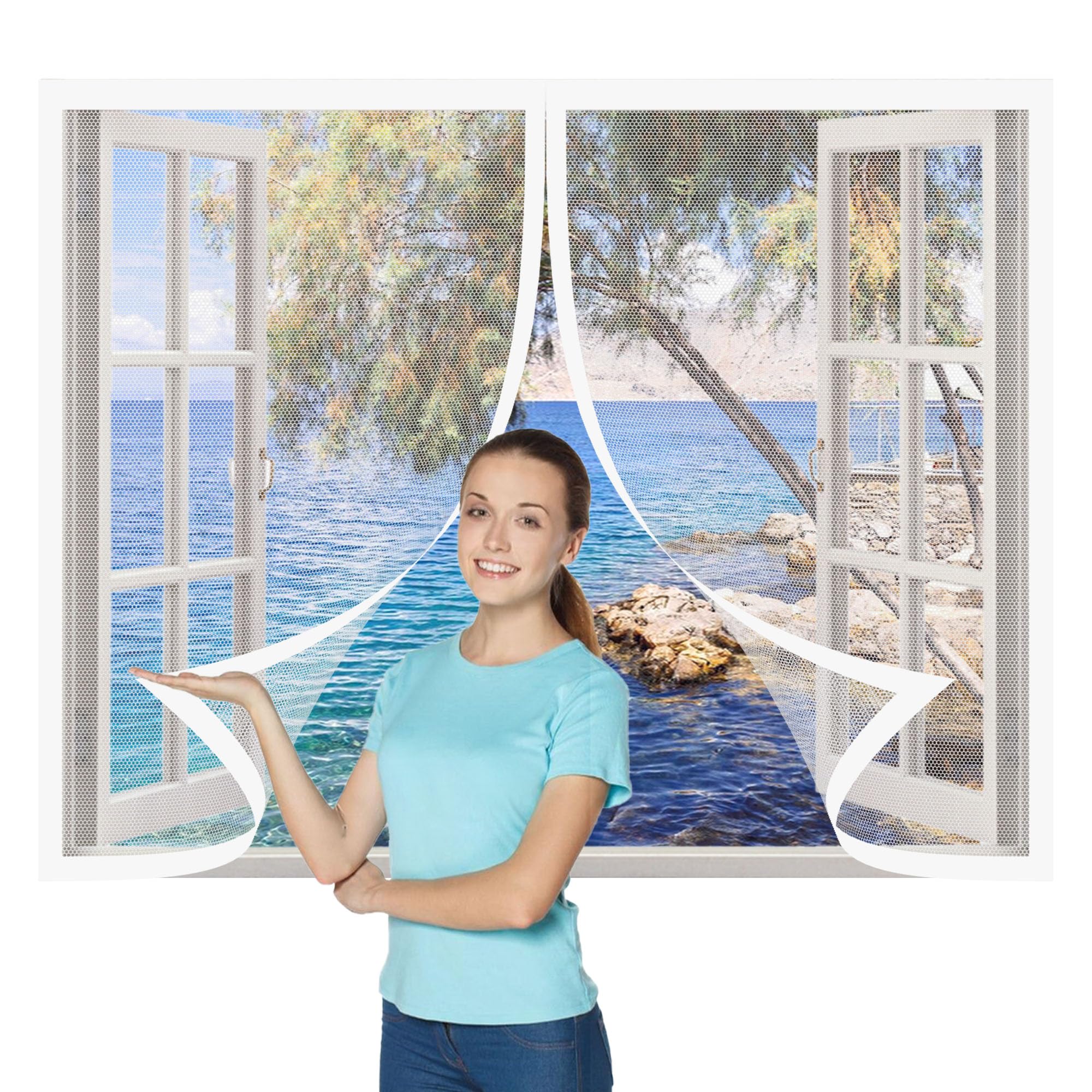 Magnetic Fly Screens Windows 145 x 135 cm Keep Fly Mosquito Out Screen for Windows Fine Mesh Design Prevents Tiny Insects from Entering for Living Room Bedroom Offfice, White