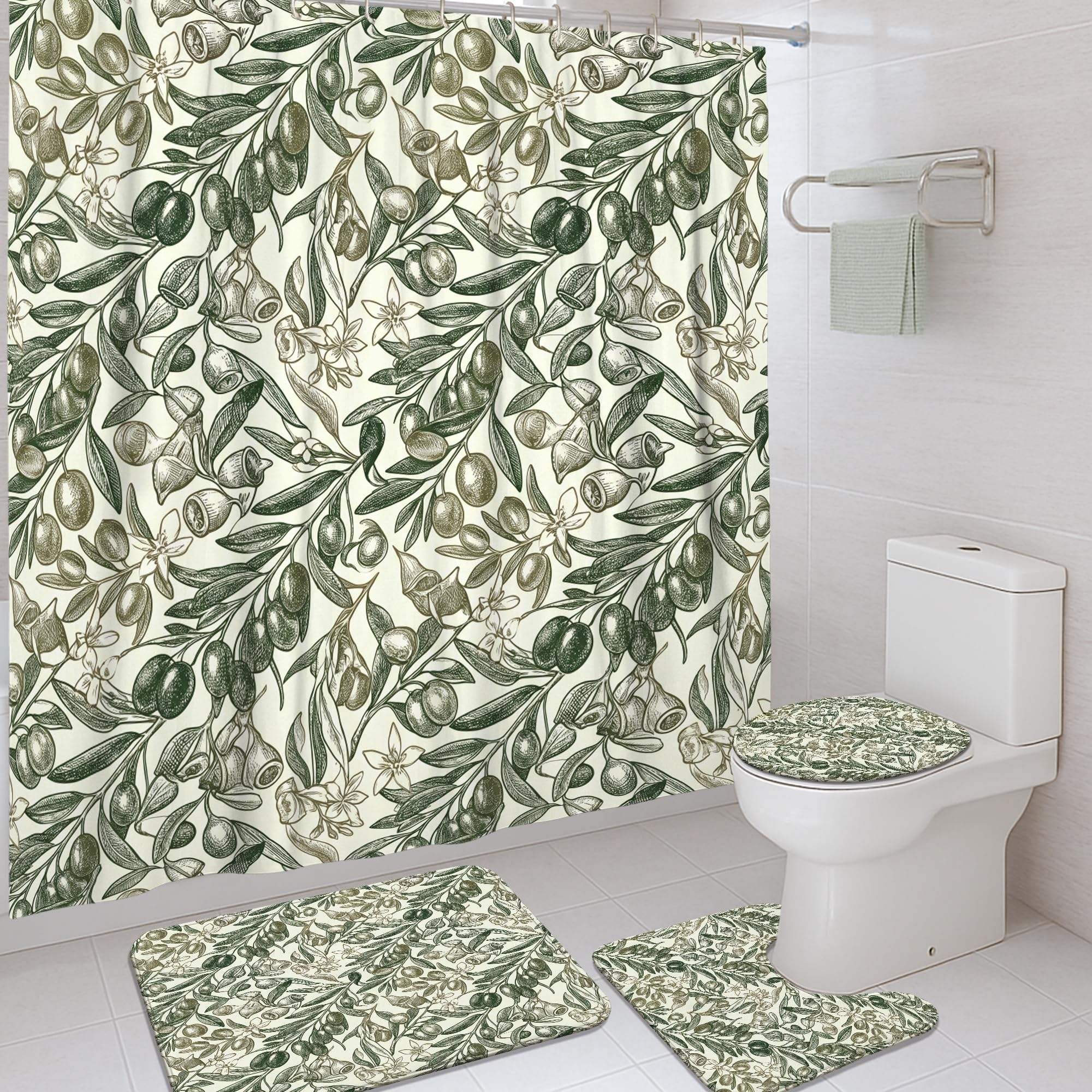 Rideau de douche vert olive 183x183 cm avec tapis assorti pour salle de bain