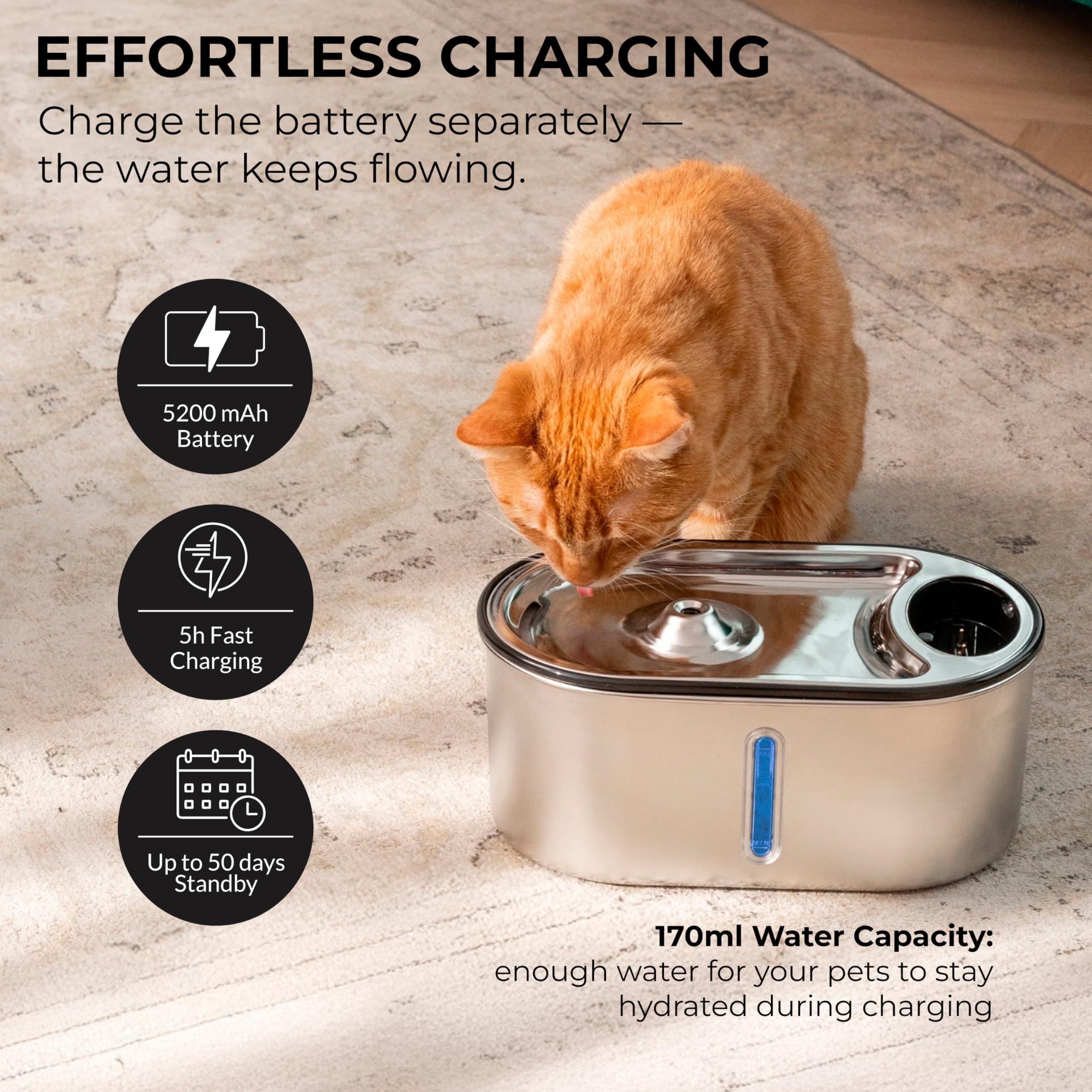 Wireless Cat Water Fountain Stainless Steel 108oz/3.2L, Cordless, Battery Operated Cat Fountain (Last up to 50 Days), Ultra Quiet, 2 Flow Modes, Multi-Filtration, BPA Free, Includes 2 Filters - White - image 8