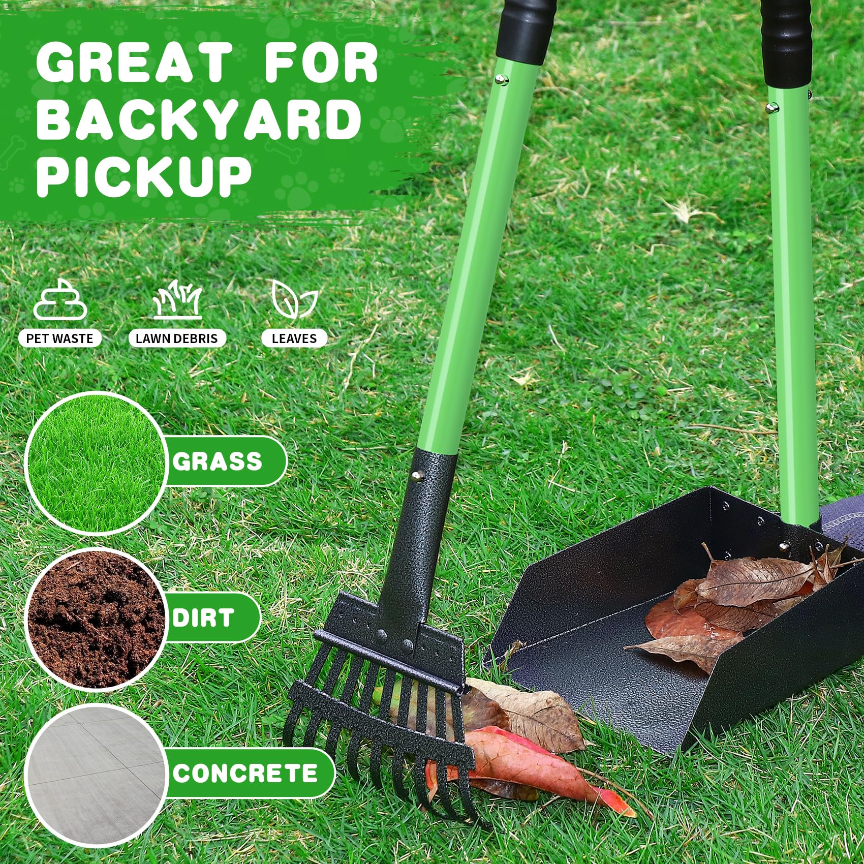 REAPALOT Pelle à déjections canines en acier inoxydable robuste avec plateau et râteau à déjections canines à long manche pour chiens de petite, moyenne et grande taille, utilisation sur l'herbe, la