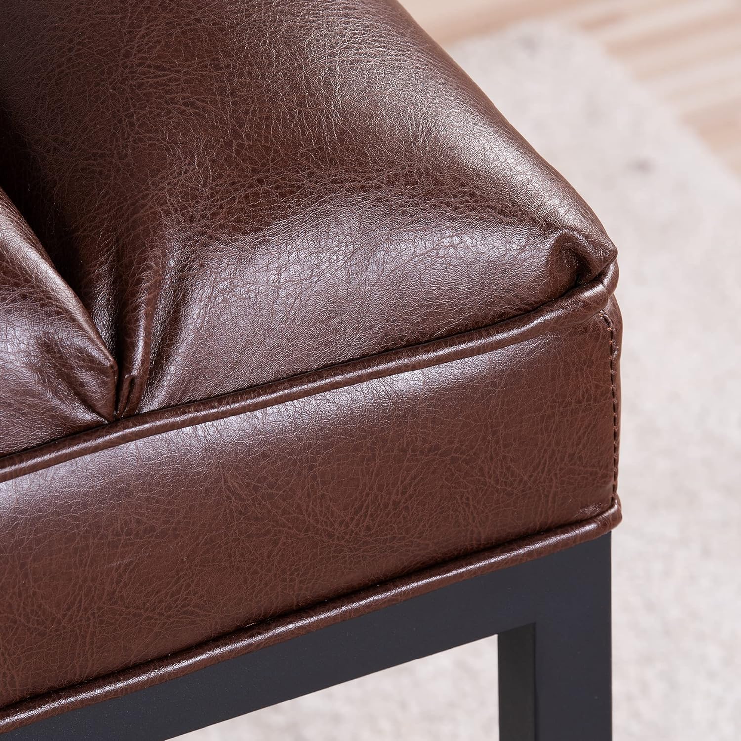 53.5in Upholstered Leather Indoor Bench, Brown. Shoe Bench for The Entryway, Bedroom Bench Seat, an End-of-Bed Ottoman, or Vanity Bench with a Metal Base and Shoe Rack(Brown Color)