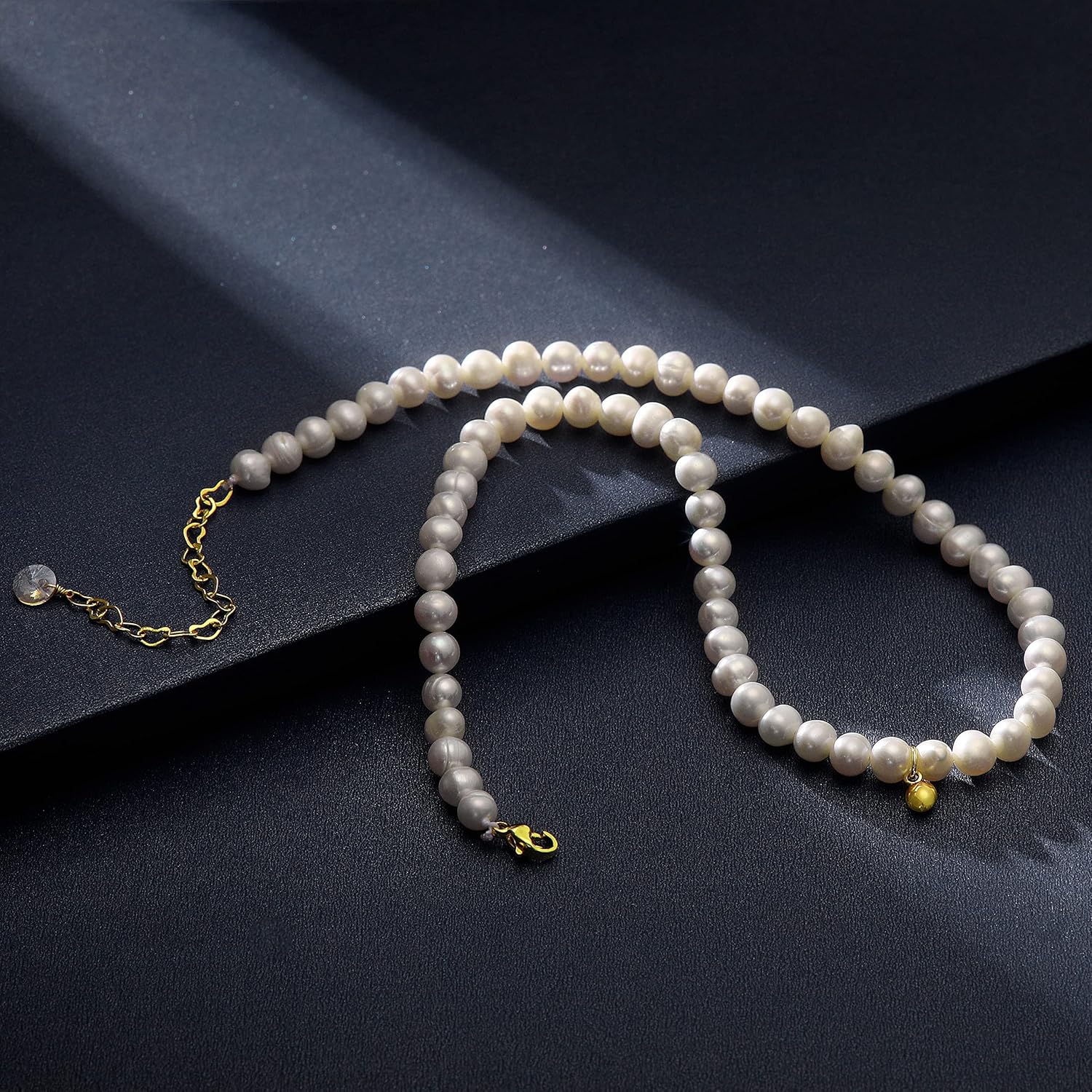 XYJZXY Pearl Necklace with Golden Charm, 18-Inch Adjustable Chain, 5-6mm White Pearls, Women Pearl Choker Necklace, Handmade Jewelry - Image 6