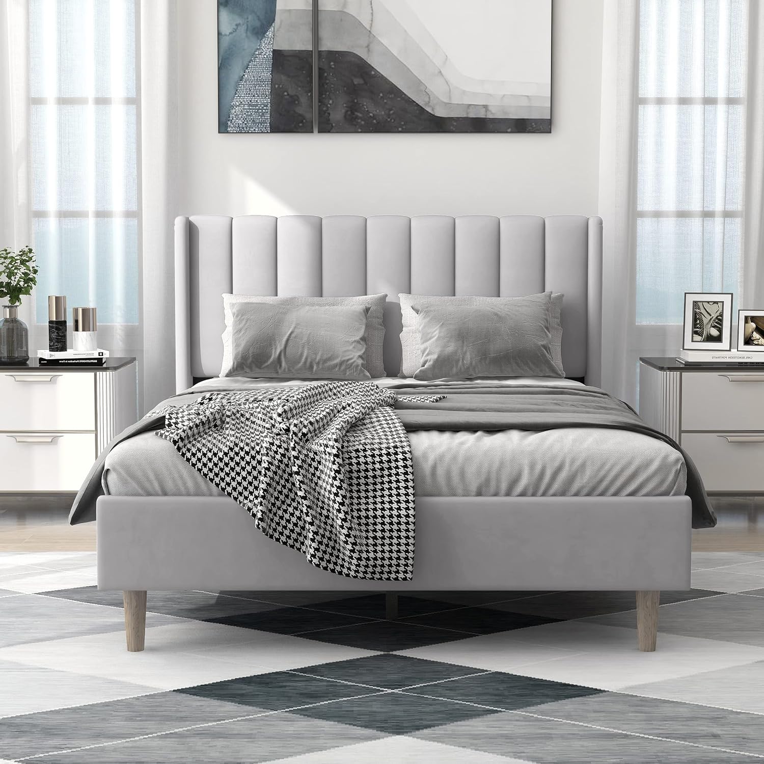 All components of the alazyhome Full Size Bed Frame laid out on a rug.
