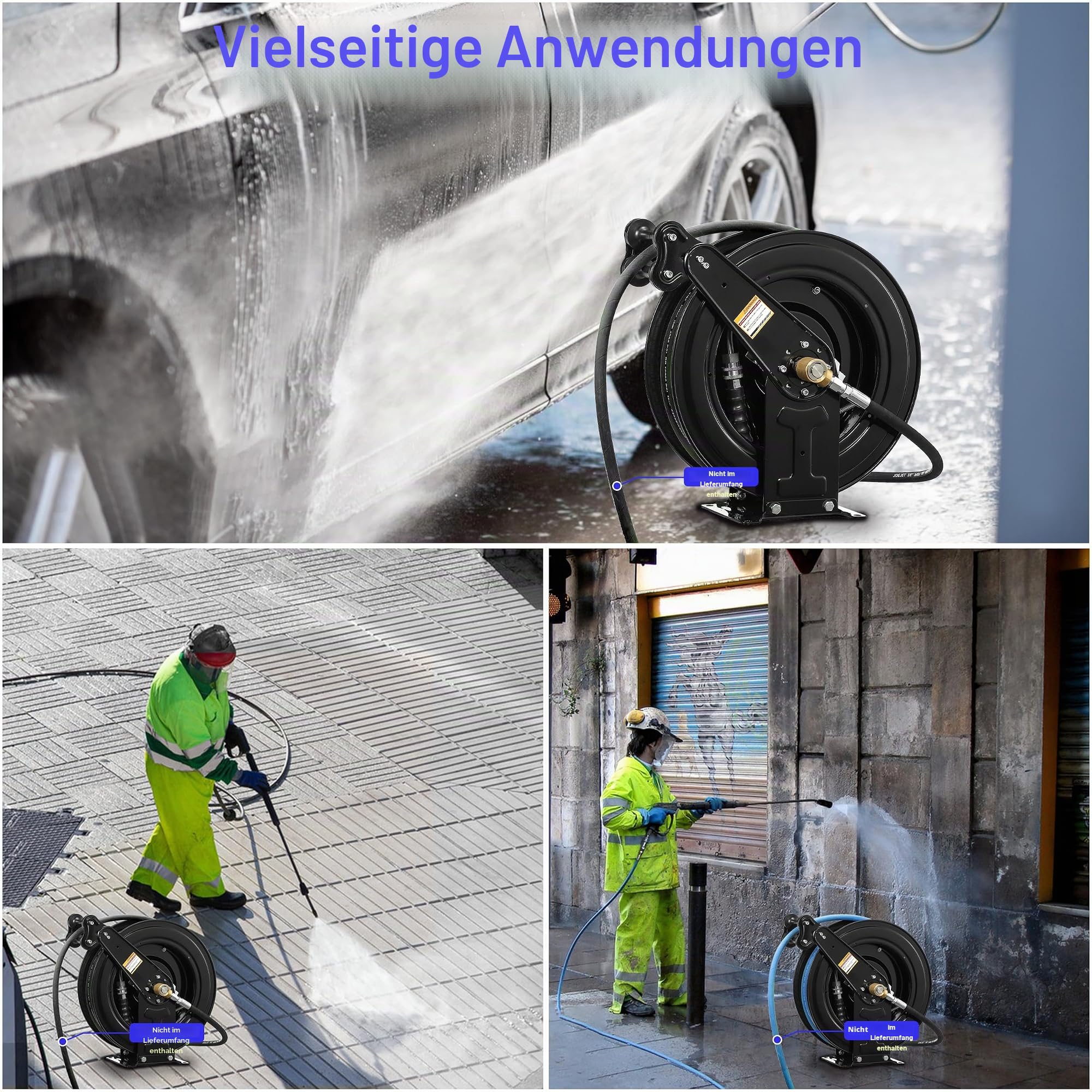 JOEJET Automatisch einziehbare Hochdruckreiniger-Schlauchtrommel, 15 m x 0,95 cm, robuste Stahl-Hochdruckreiniger-Schlauchtrommel, Doppelarm, 4000 PSI