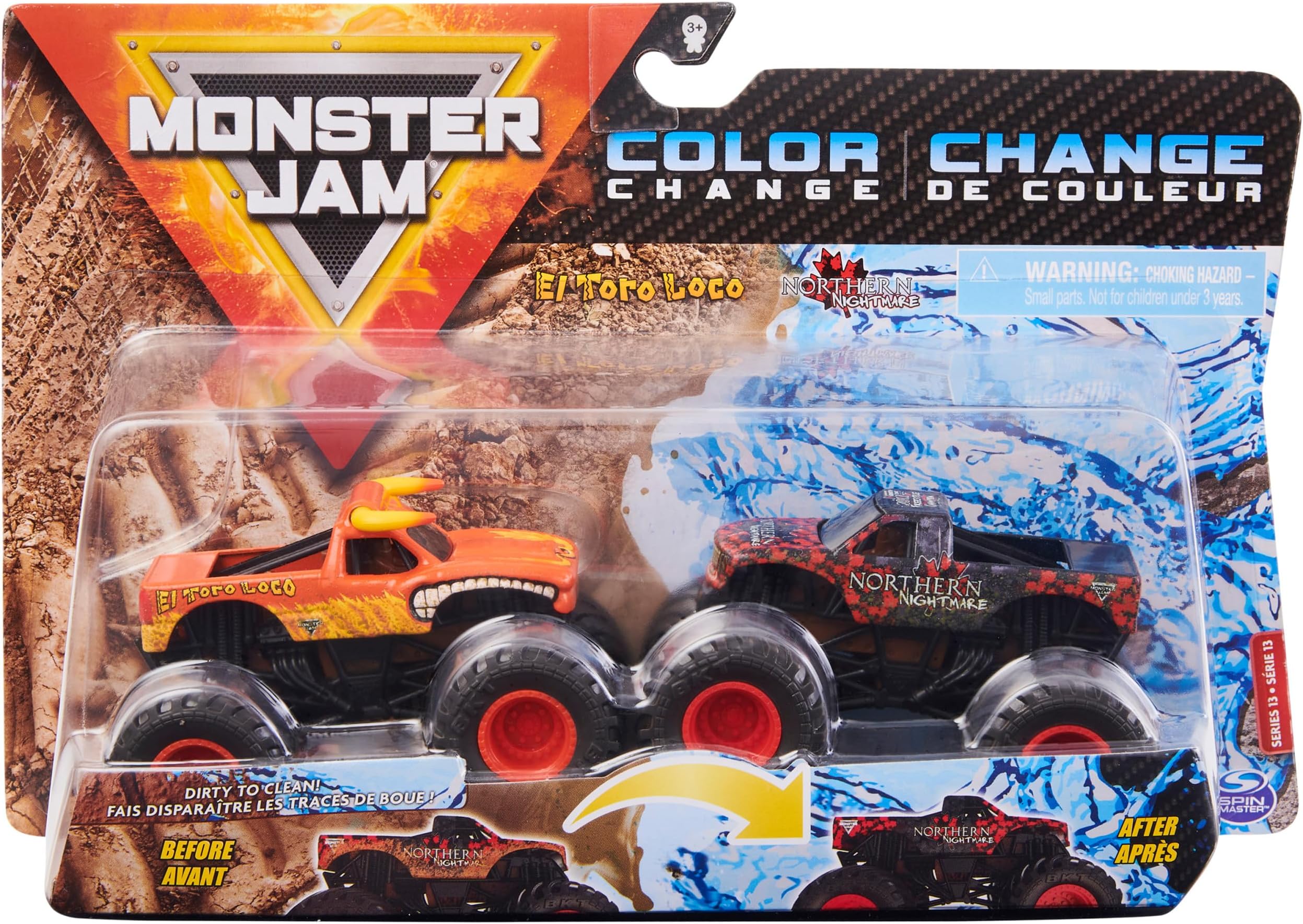 Monster Jam, Official El Toro Loco vs. Northern Nightmare Color-Changing Die-Cast Monster Trucks, 1:64 Scale