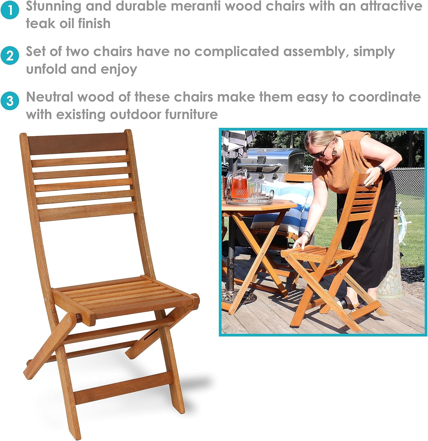 Sunnydaze Meranti Wood Outdoor Folding Patio Chairs - Set of 2 - Teak Oil Finish