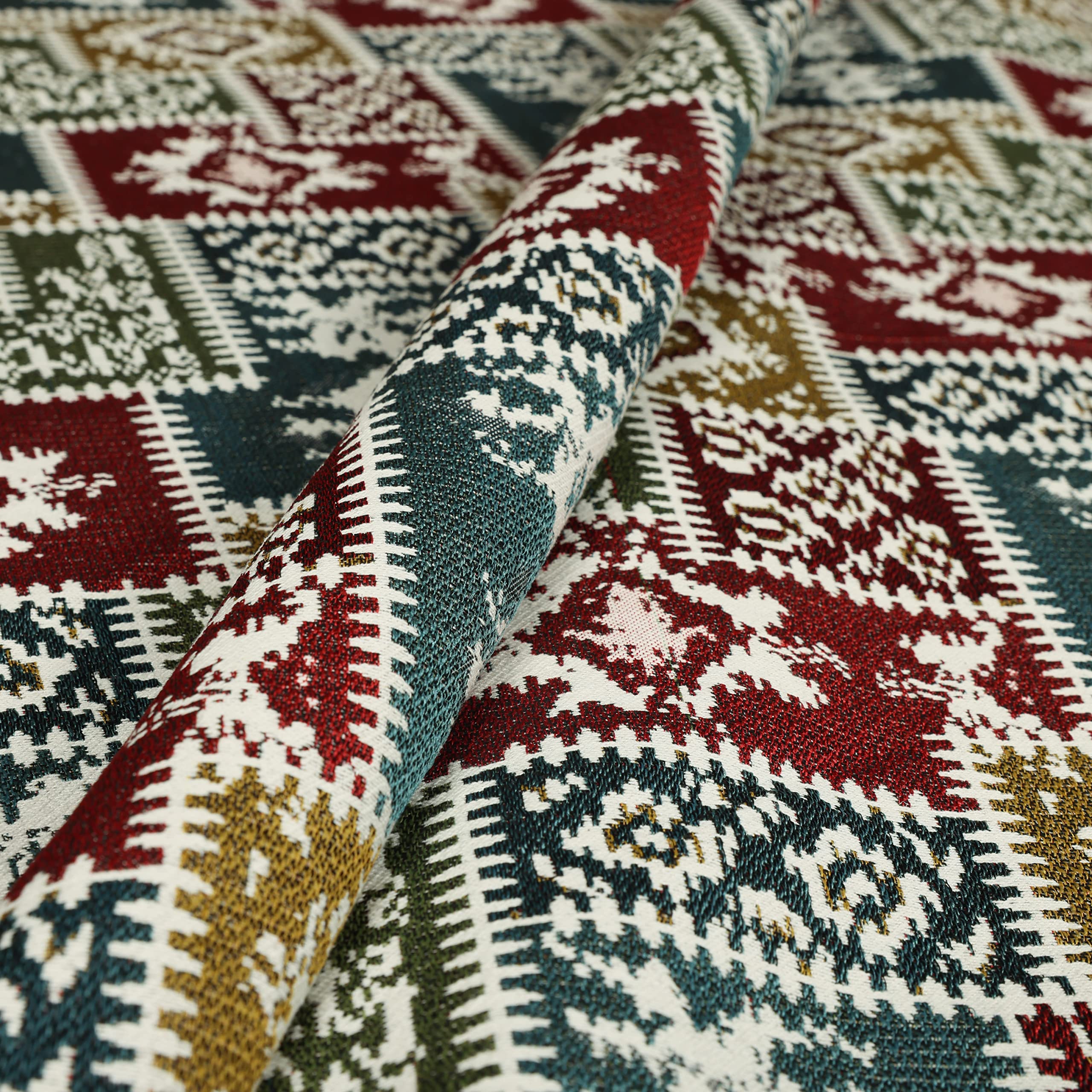 Tessuto per tappezzeria in ciniglia pesante, multicolore, bianco, motivo kilim, ignifugo, patchwork, materiale al metro, svendita (al metro)