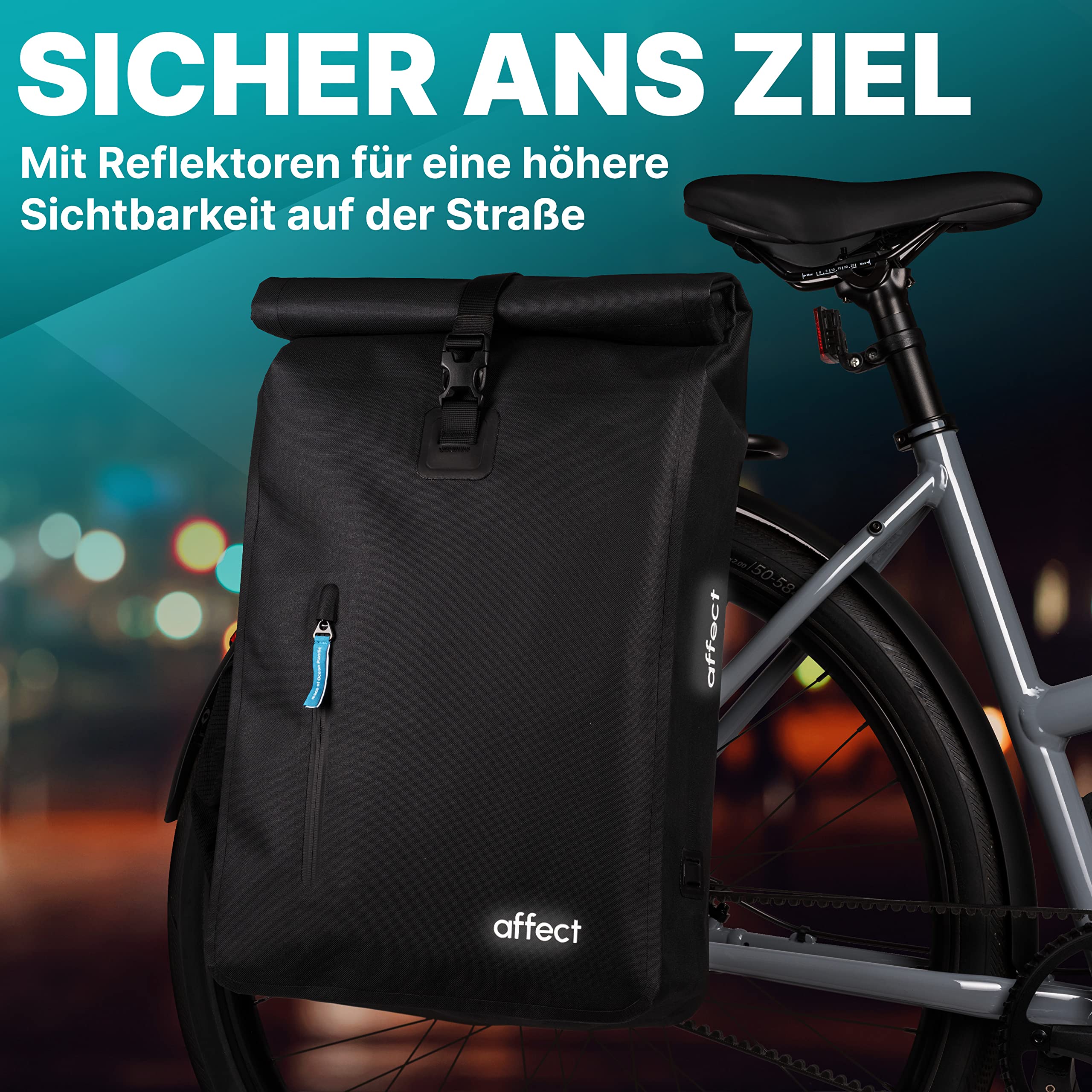 AFFECT - NEU 2in1 Fahrradtasche Rucksack aus Ocean Plastic - 30 Liter - 100% wasserdicht - Fahrradtasche für Gepäckträger - verwendbar als Fahrradrucksack mit Laptopfach