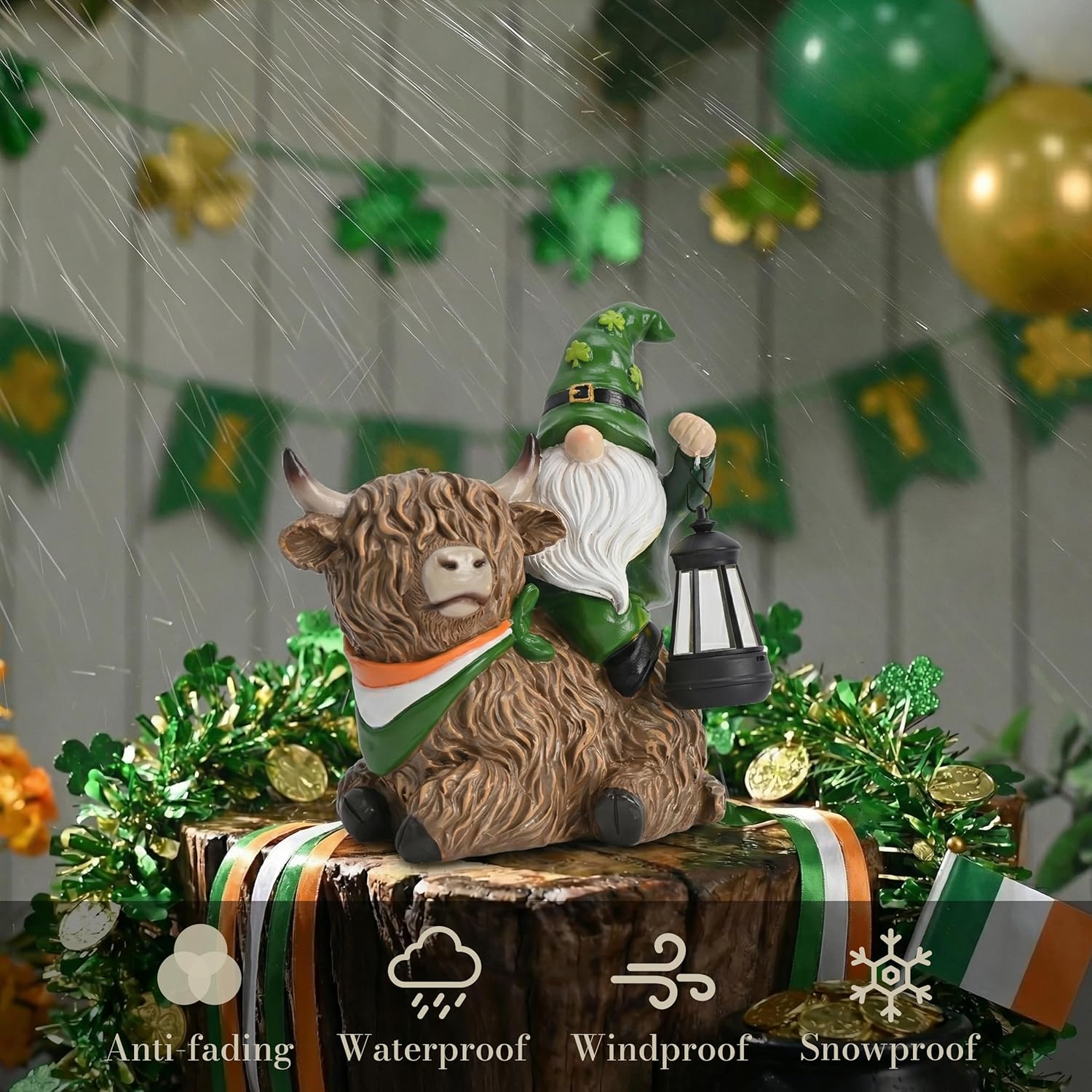 TERESA'S COLLECTIONS St Patricks Decorations for Outdoor Decor,Gnomes Resin Riding Highland Cow and Holding Lantern with Solar Lights for Outside,Shamrock Leprechaun Figurine, Irish Gifts,8.7" - Image 9