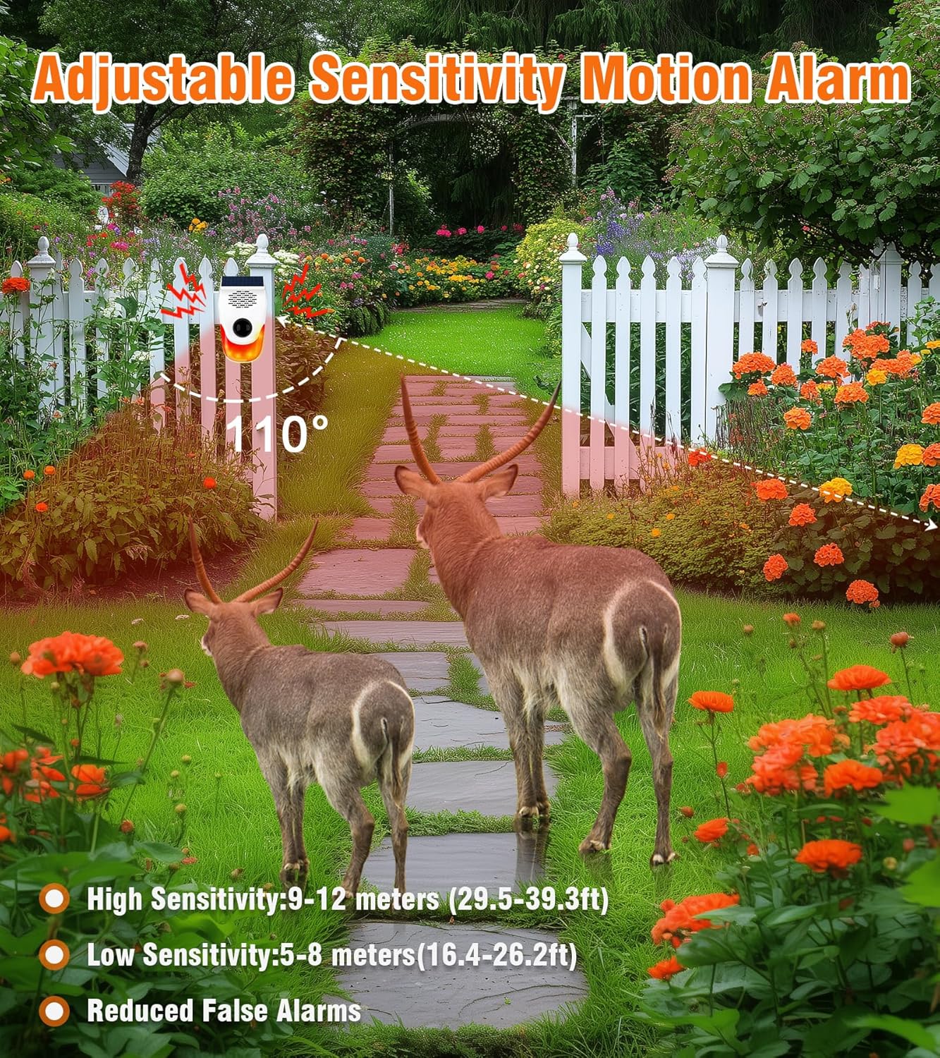 Motion sensor alarm detecting deer in a garden with sensitivity ranges