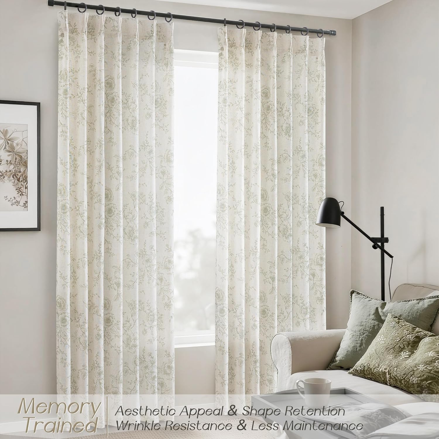 Pinch Pleat Floral Linen Curtains 102 inch Long Green and Cream Memory Trained Curtain Light Filtering Living Room Farmhouse Flower Pattern Printed Pleated Drapes with Hooks 2 Panels 40“W x 102"L Green Floral Pattern Pinch Pleated 40"W x 102"L (Pack of 2)