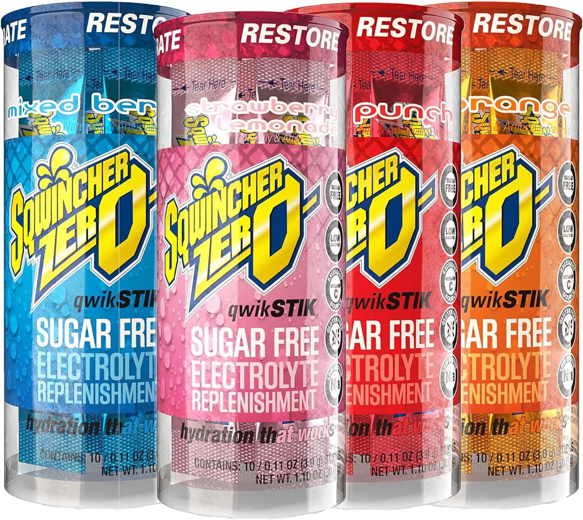 Zero Qwik Stik, 4 Flavor Variety Pack, Sugar Free, Low Calorie, Low Sodium Electrolyte Powder Hydration Drink Mix, .11 oz Packet (Pack of 200)