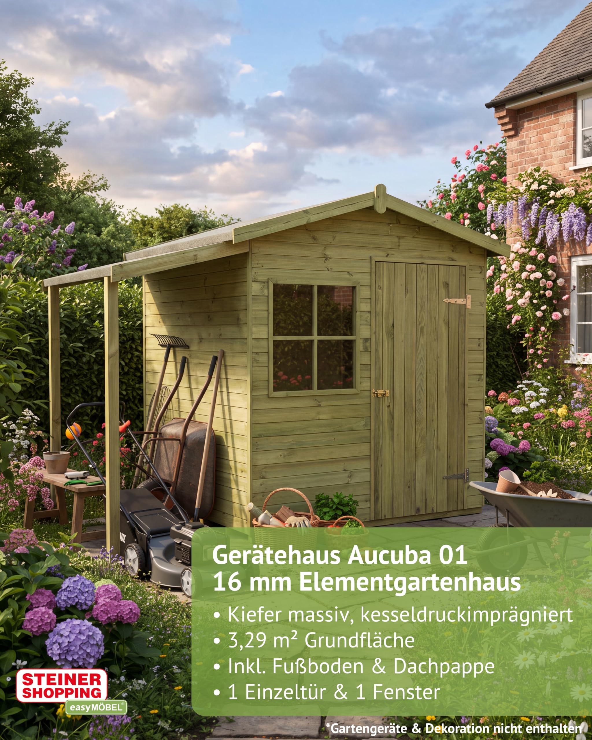 Steiner Shopping Gerätehaus Aucuba 01 | 16 mm Elementgartenhaus aus kesseldruckimprägnierter Kiefer I Außenmaß 212 x 210 cm I Inkl. Fußboden & Dachpappe