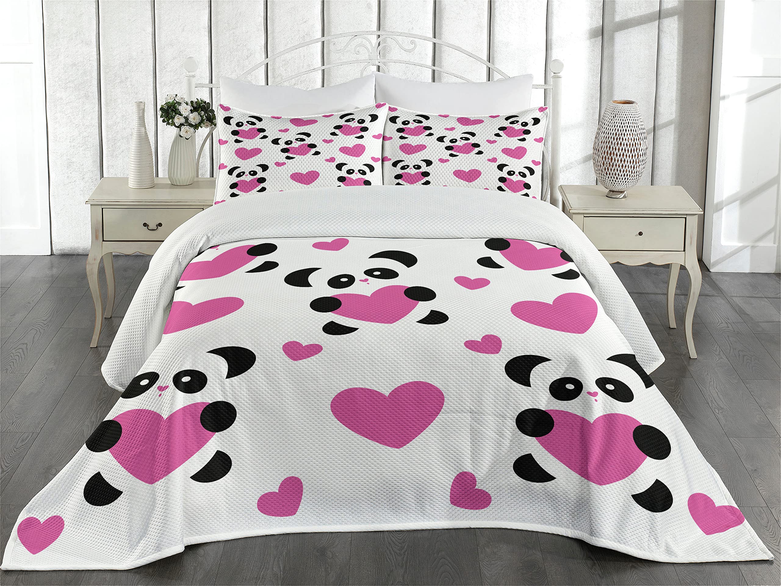 Ambesonne Love Coverlet, Day of Love Pandas and Hearts Cartoon Cheerful Wildlife Fun Art, 2 Piece Decorative Quilted Bedspread Set with 1 Pillow Sham, Twin Size, Fuchsia Black White