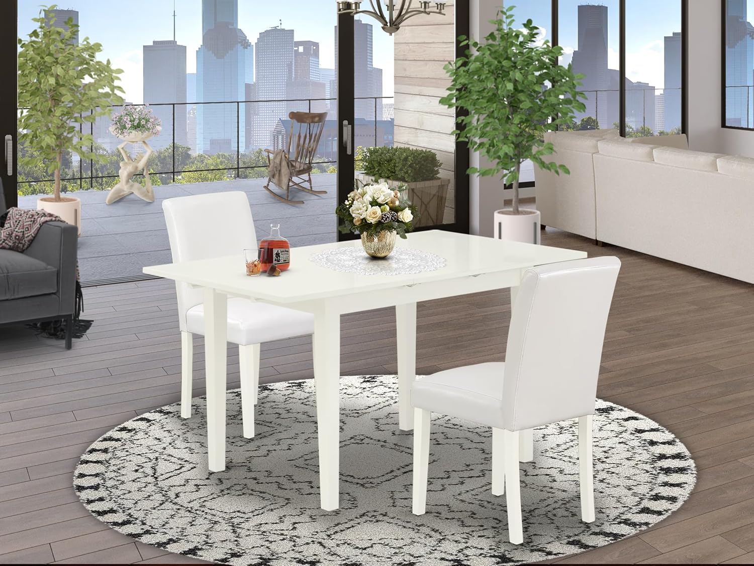 East West Furniture NOAB3-LWH-64 3 Piece Kitchen Table Set Contains a Rectangle Dining Room Table with Butterfly Leaf and 2 White Faux Leather Parson Dining Chairs, 32x54 Inch, Linen White