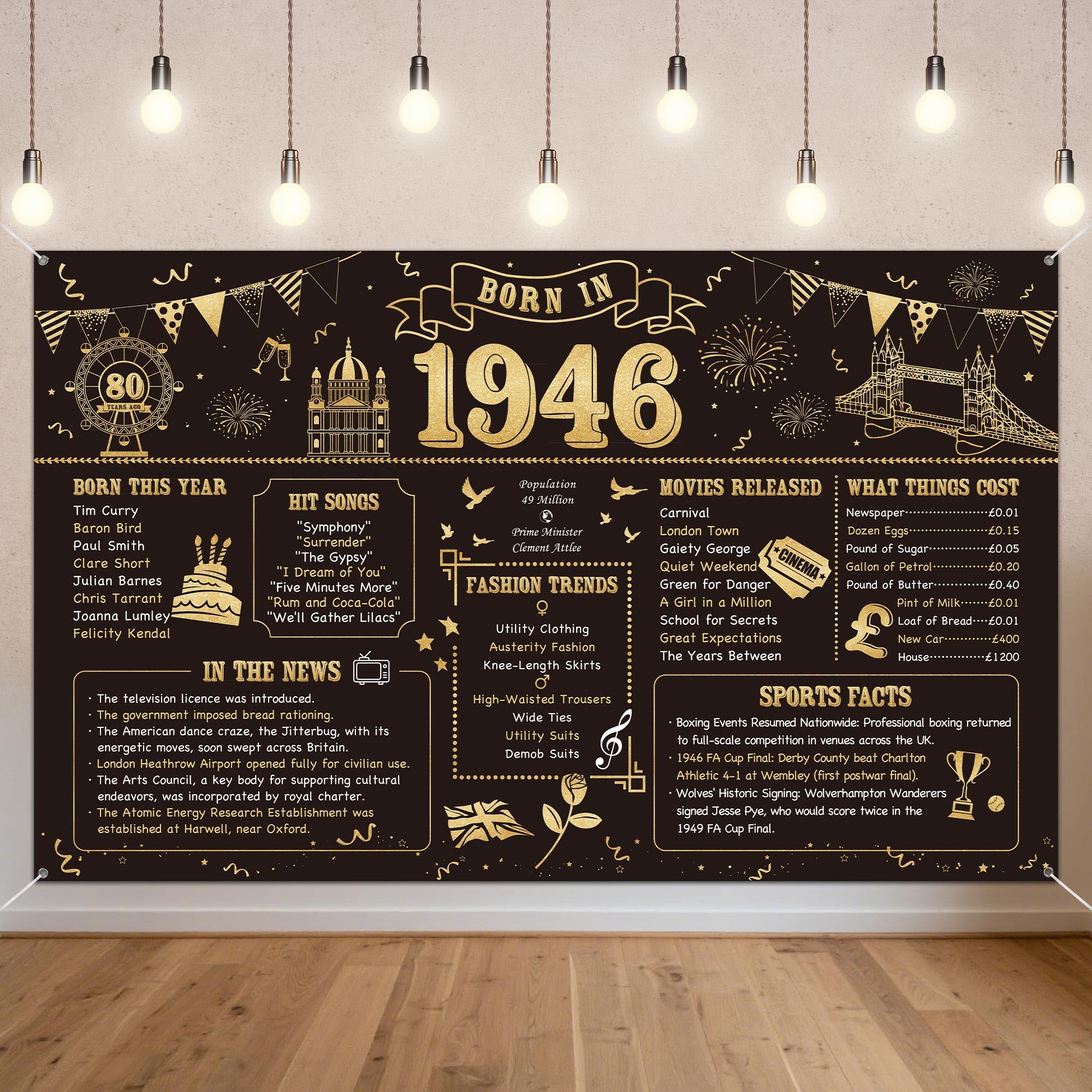 Benjia 80th Birthday Banner Decorations for Men Women Born in 1946 UK Background Happy 80 Years Old Birthday Backdrop Cheers to 80 Years Banners Black Gold Poster Bday Gift Home Decor Party Supplies