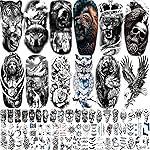 82 Sheets Temporary Tattoos Stickers, Fake Body Arm Chest Shoulder Tattoos for Men and Women, Halloween Temporary Tattoos Black Fake Skull Skeleton Tattoos for Halloween Cosplay