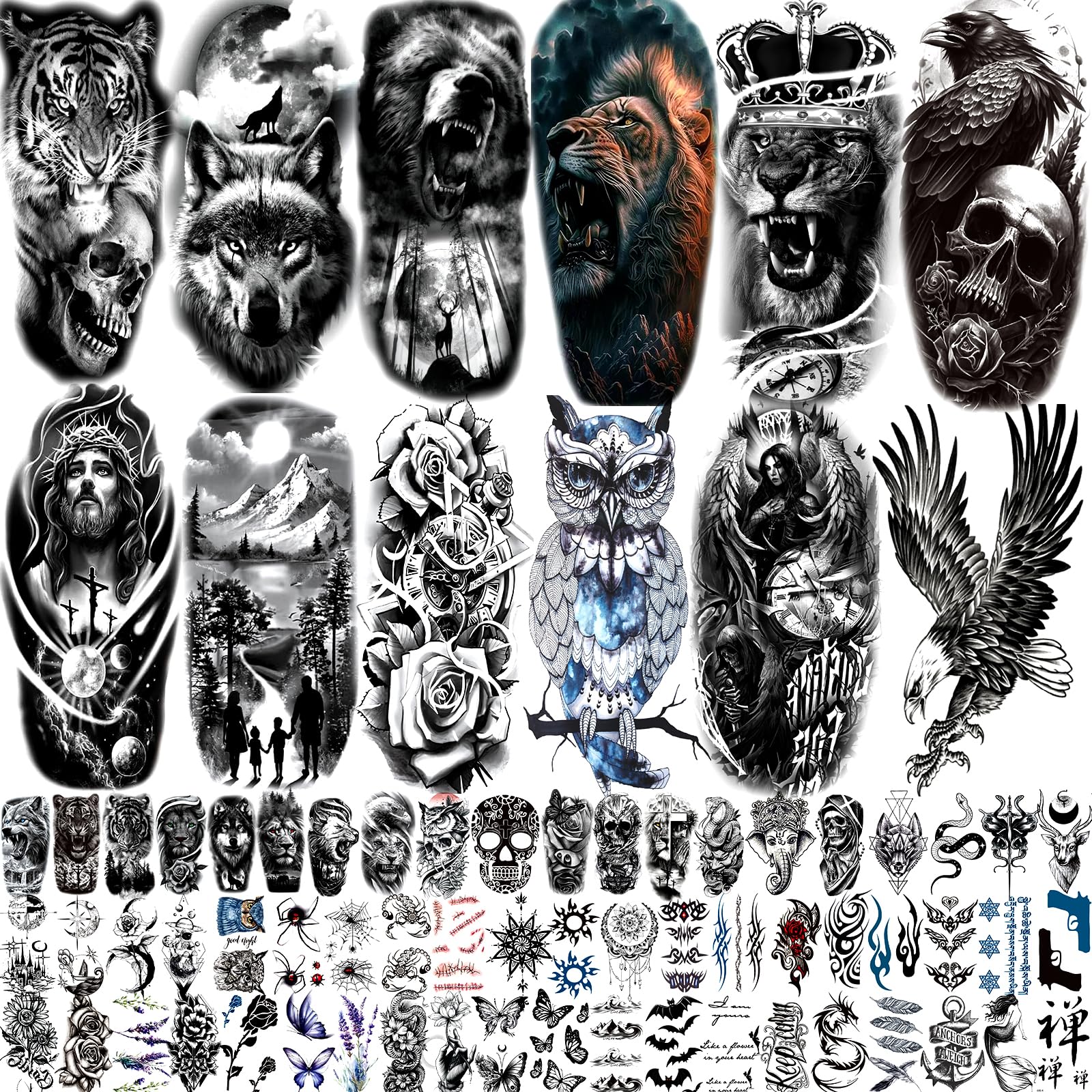 82 Sheets Temporary Tattoos Stickers, Fake Body Arm Chest Shoulder Tattoos for Men and Women, Halloween Temporary Tattoos Black Fake Skull Skeleton Tattoos for Halloween Cosplay