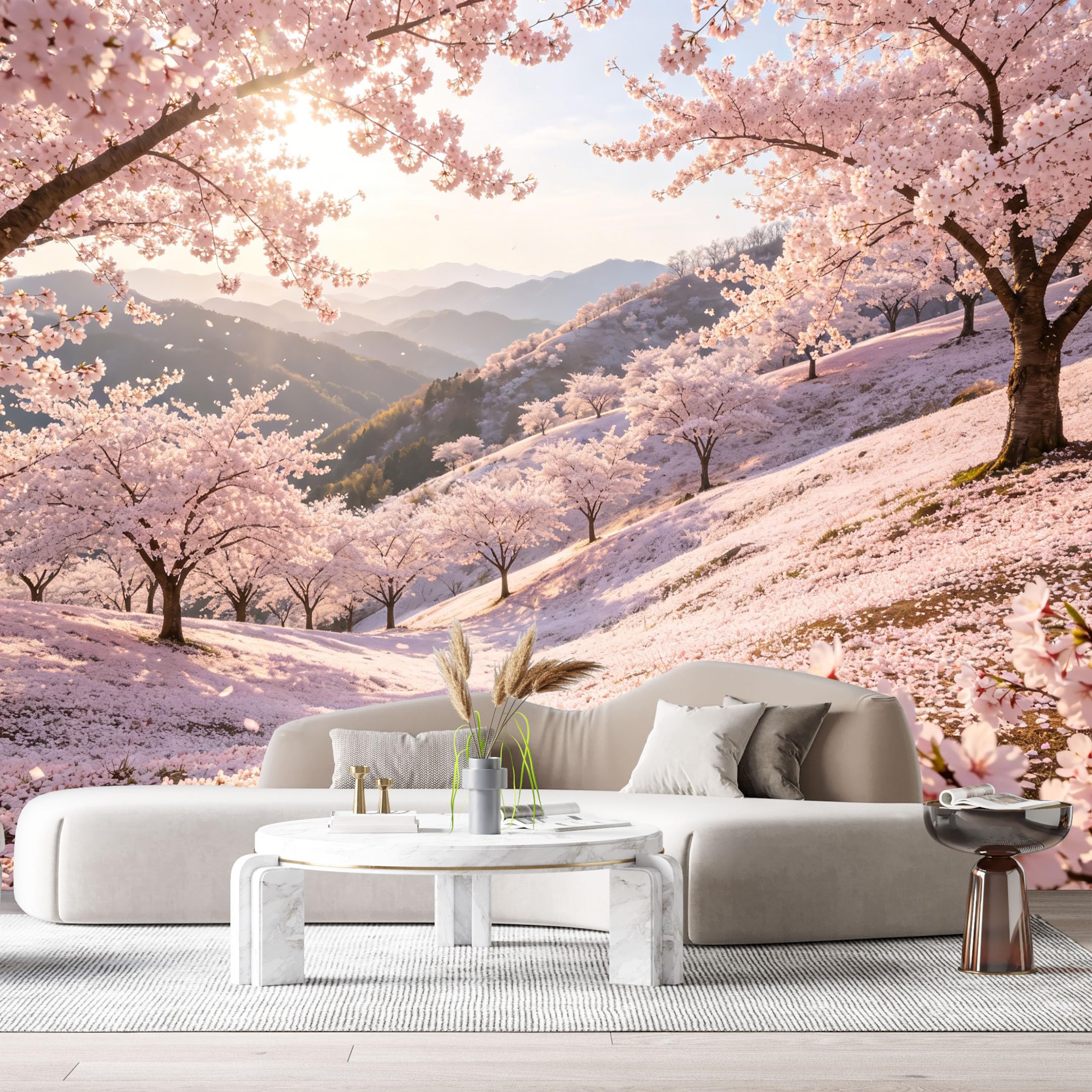 Custom Size Wall Murals Cherry Blossom Landscape Mountain Valley Watercolor SelfAdhesive Wall Fabric Removable Large Wallpaper for Photo Living Room