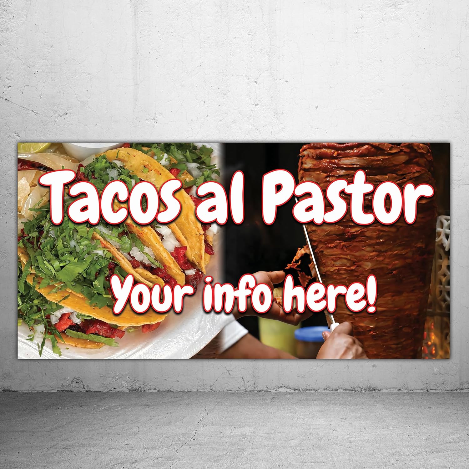 Tacos al Pastor Banner 13 oz heavy duty vinyl banner sign with metal grommets, advertising, flag, many sizes, custom banner, custom phone, Tacos al Pastor Lona, Tacos de Trompo