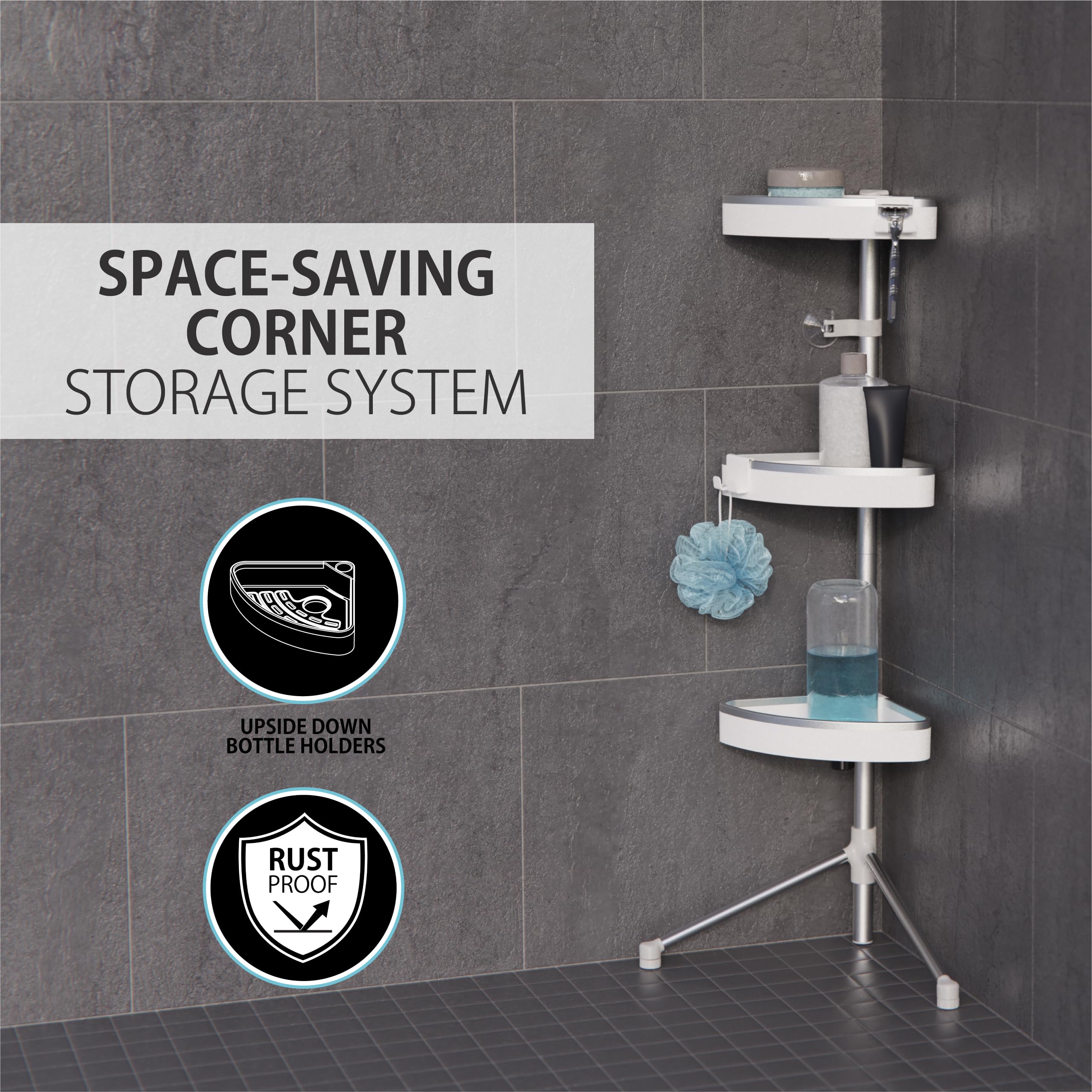 Better Living HiRise 3 - Organizador de ducha de pie, ajustable, 3 cestas grandes, organizador de ducha de baño de aluminio inoxidable con ganchos de almacenamiento, sin taladro, organizador de ducha