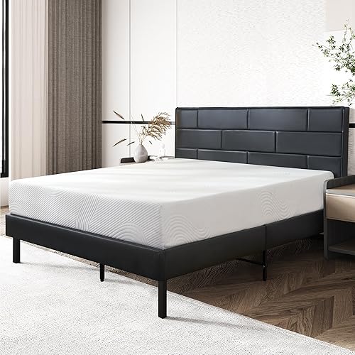 Miniatura 3 de TOYABR Base de cama tamaño King con cabecero, cama King de metal envolvente de cuero, barra de acero inferior para prevención de ruido, no necesita