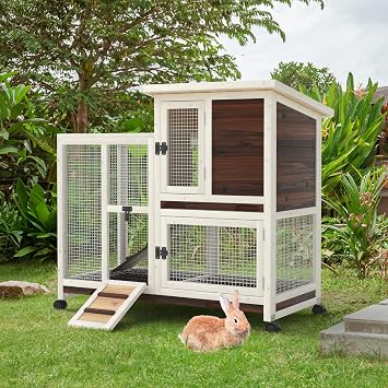 Rabbit Hutch Indoor, Chicken Coop Outdoor with 3 Removable Tray 2 Story Rabbit House with Running Cage Bunny Cage with Ramp & Wheels Wooden Guinea Pig Cage for Small Animals Patio