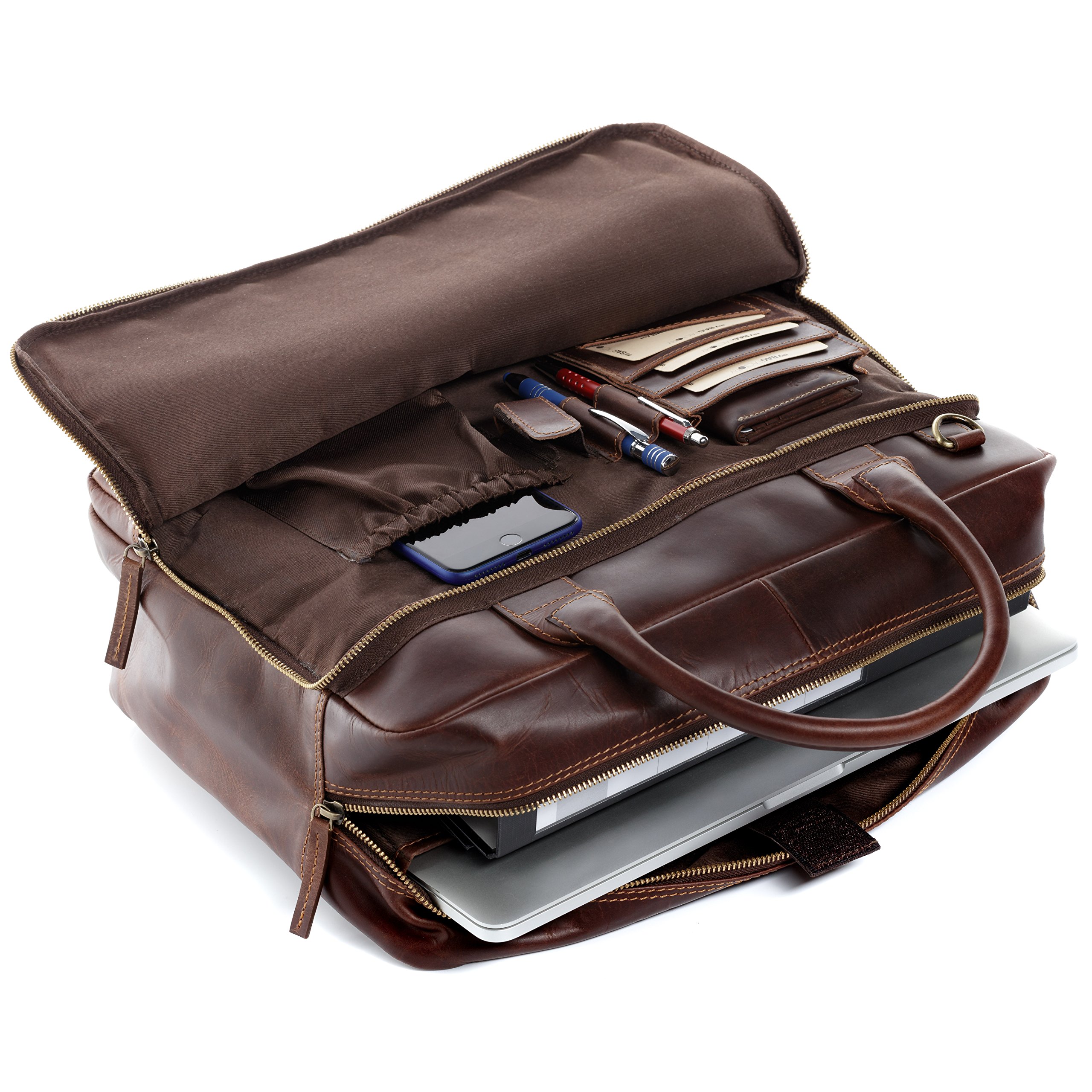 SID & VAIN Sac Ordinateur Portable Cuir véritable 15.4 Pouces Ryan Mallette Professionnelle bandoulière XXL Grand pour Hommes et Femmes Serviette de Travail Etudiante Marron