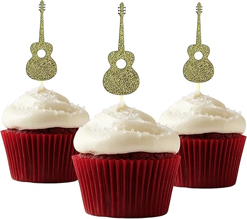 Guitarra Cupcake Topper 12 piezas por paquete Cupcake Topper Decoración Tarjeta Stock Oro