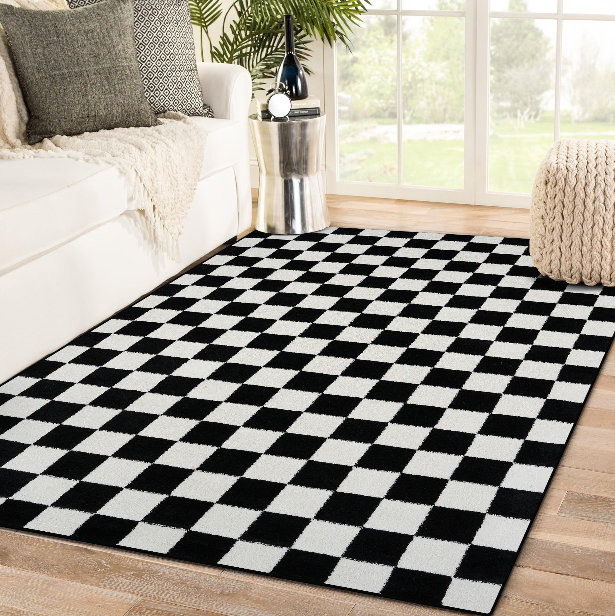 Luxe Weavers Checkered Black and White Geometric 8x10 Area Rug