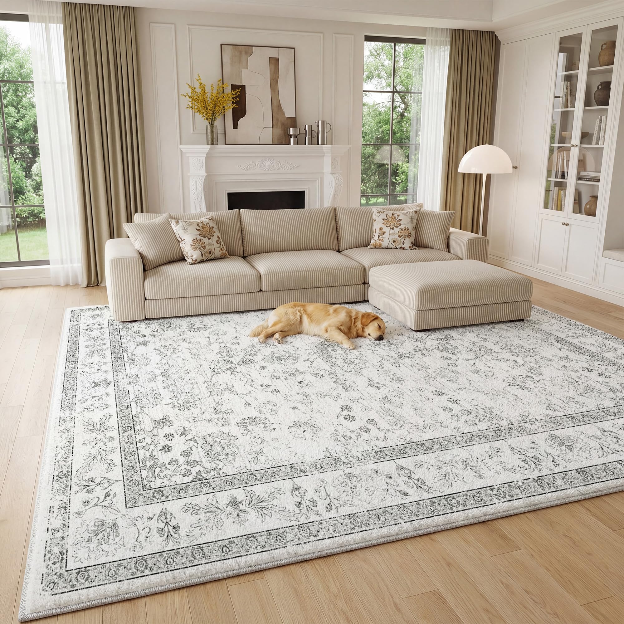 Cliporix 200 x 290cm Extra Large Vintage Carpet, Non Slip Backing, Machine Washable, Boho Style Area Rug, Faux Cashmere Short Pile, Floral Print Suitable for Living Room, Bedroom, Dining Room, Office