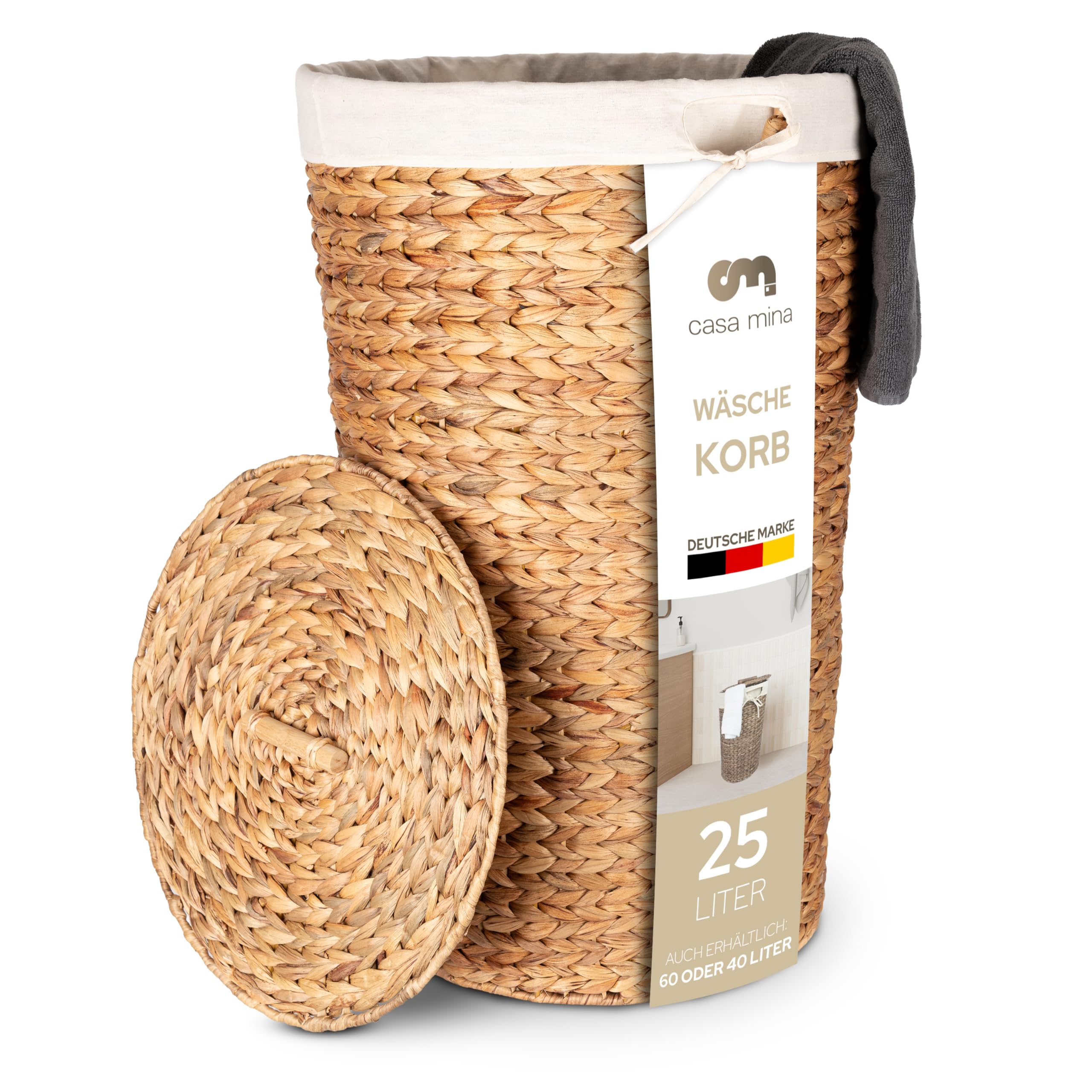 Casa Mina® Wäschekorb mit Deckel | Atmungsaktiver Wäschekorb geflochten aus 100% Naturfaser I Robuster Wäschesammler mit Griffen & waschbarem Innensack I Wäschekörbe (Natur, 30 x 44cm)
