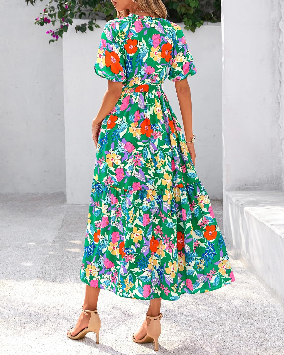 BTFBM Summer Dresses for Women 2026 Boho Short Sleeve V Neck Button Belt Flowy Spring Clothes Beach Vacation Maxi Dress - Image 3