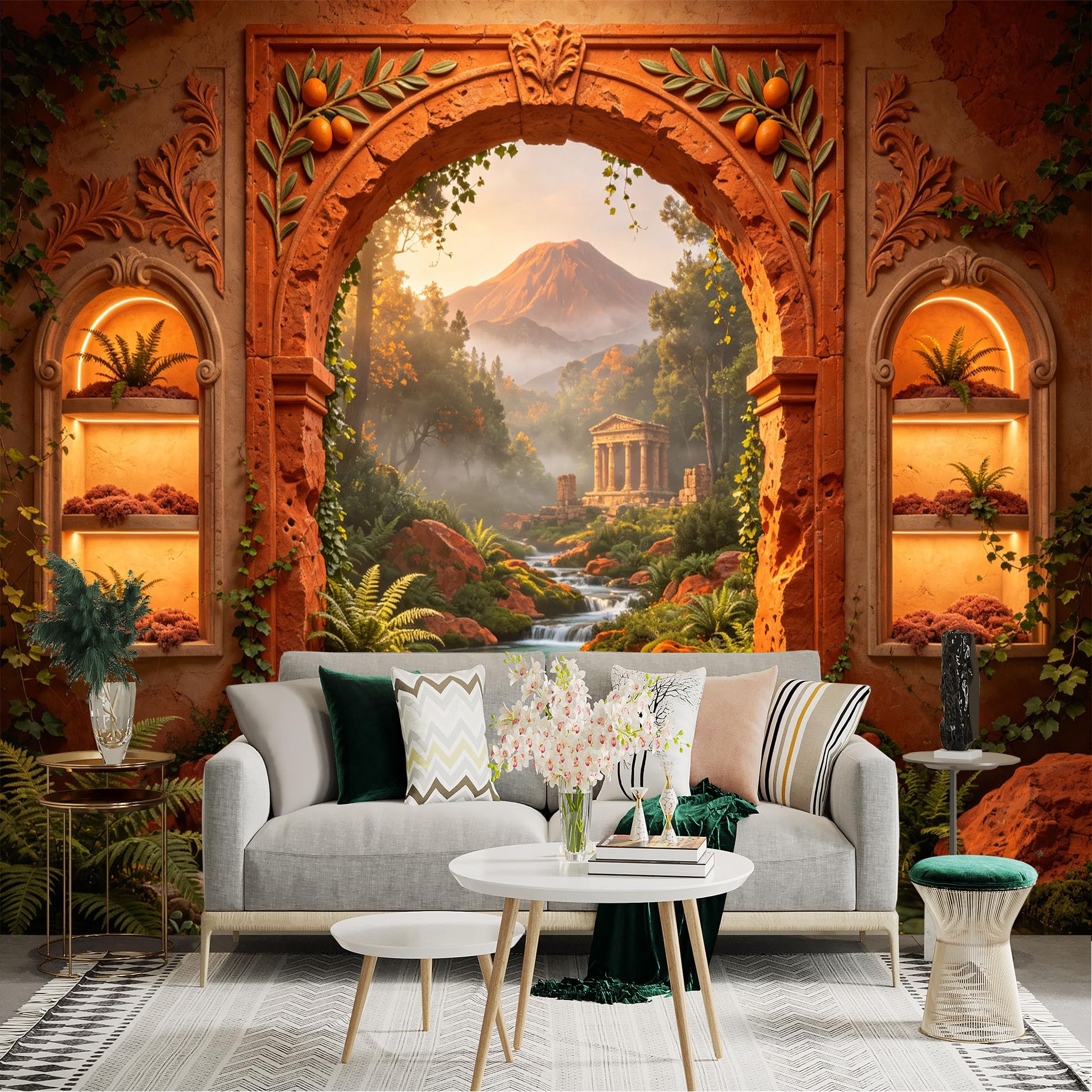 Custom Size Wall Sticker Mural， Ancient Archway with River， Temple and Mountain Landscape， for wall Decoration， peelandstick wall Decals.