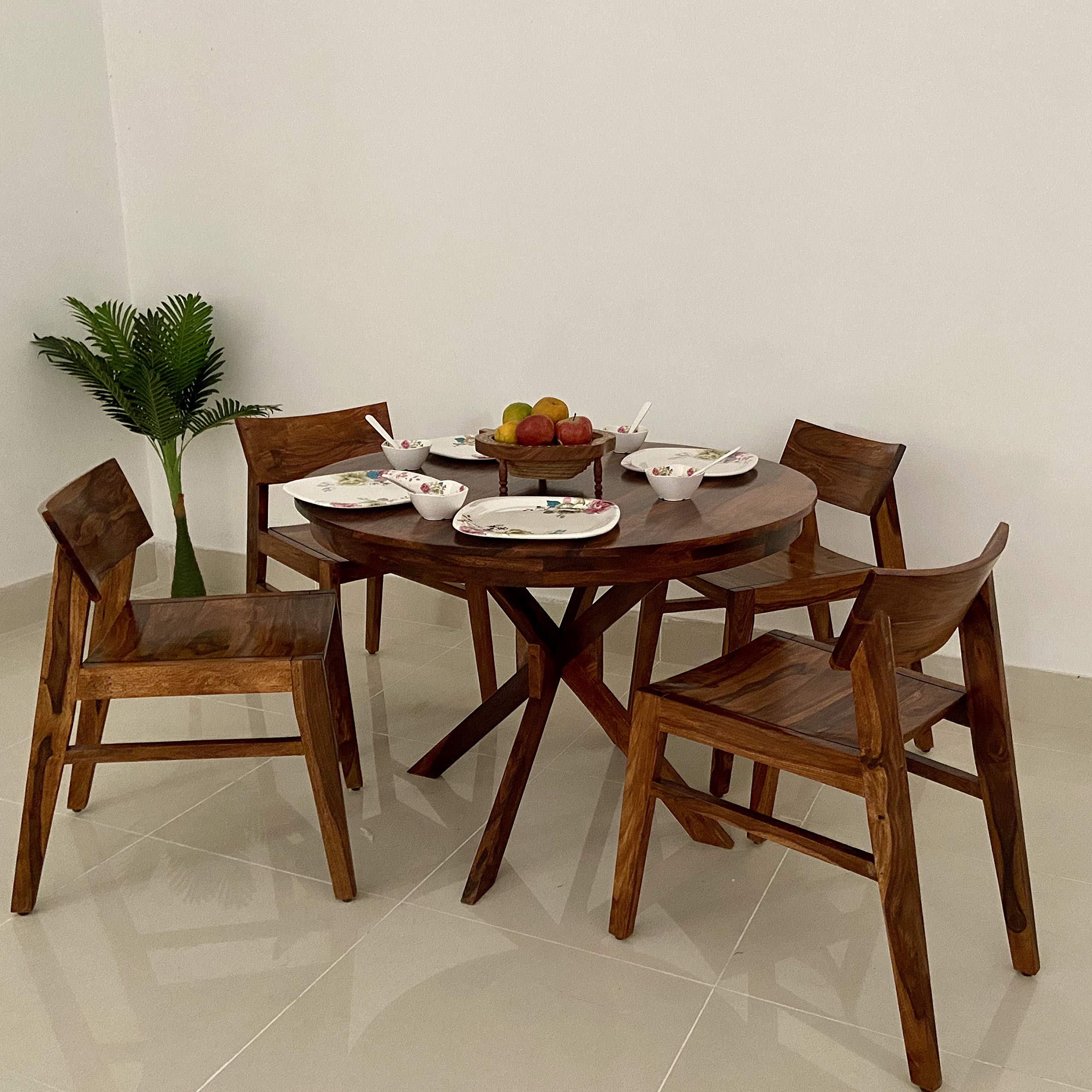 Ganpati Arts Sheesham Wood Round 4 Seater Dining Table Set with 4 Chairs Wooden Furniture for Dining Room Dinning Table Set 4 Seater (Natural Finish)