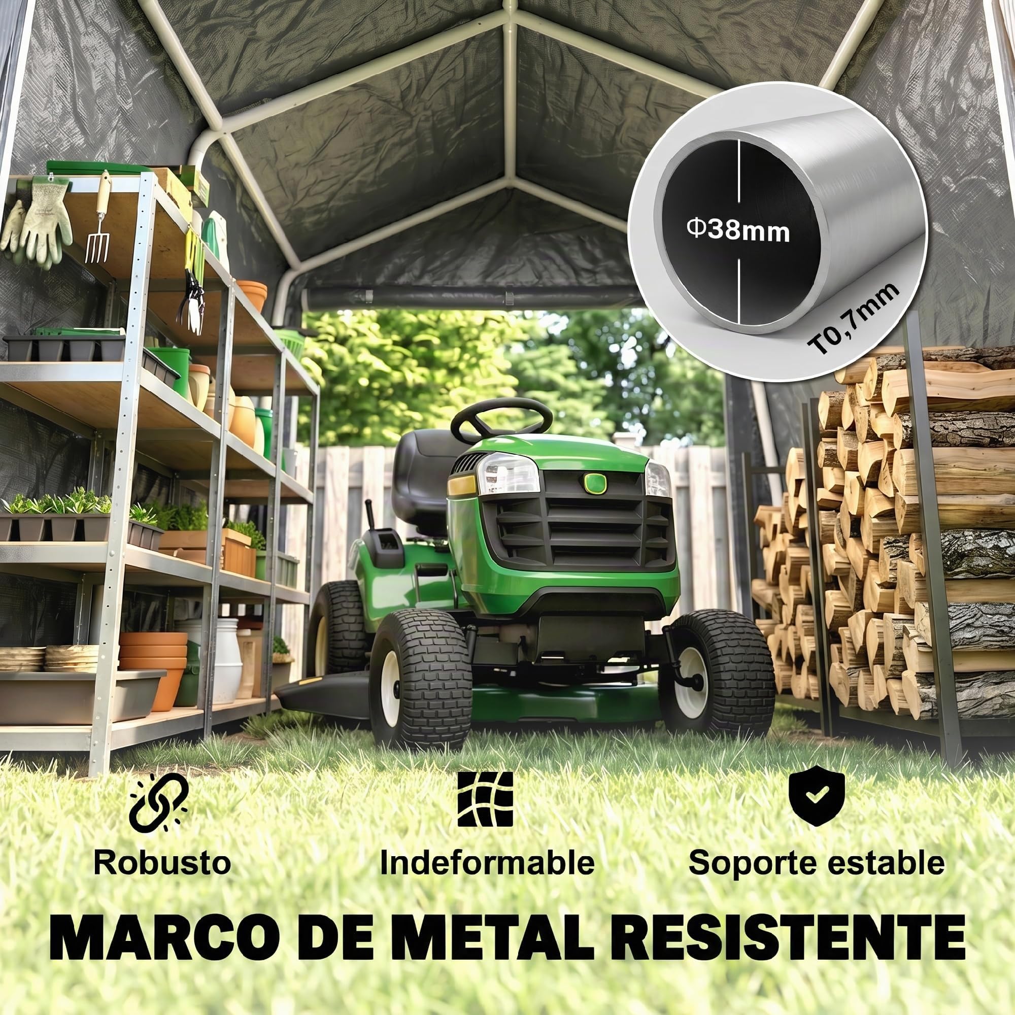 Outsunny Carpa de Jardín Exterior para Herramientas Bicicletas 2,8x2,4x2,4 m Cobertizo Exterior con Marco de Metal, Puerta Enrollable con Cremallera, Impermeable, Anti-UV, Garaje Portátil, Gris Oscuro