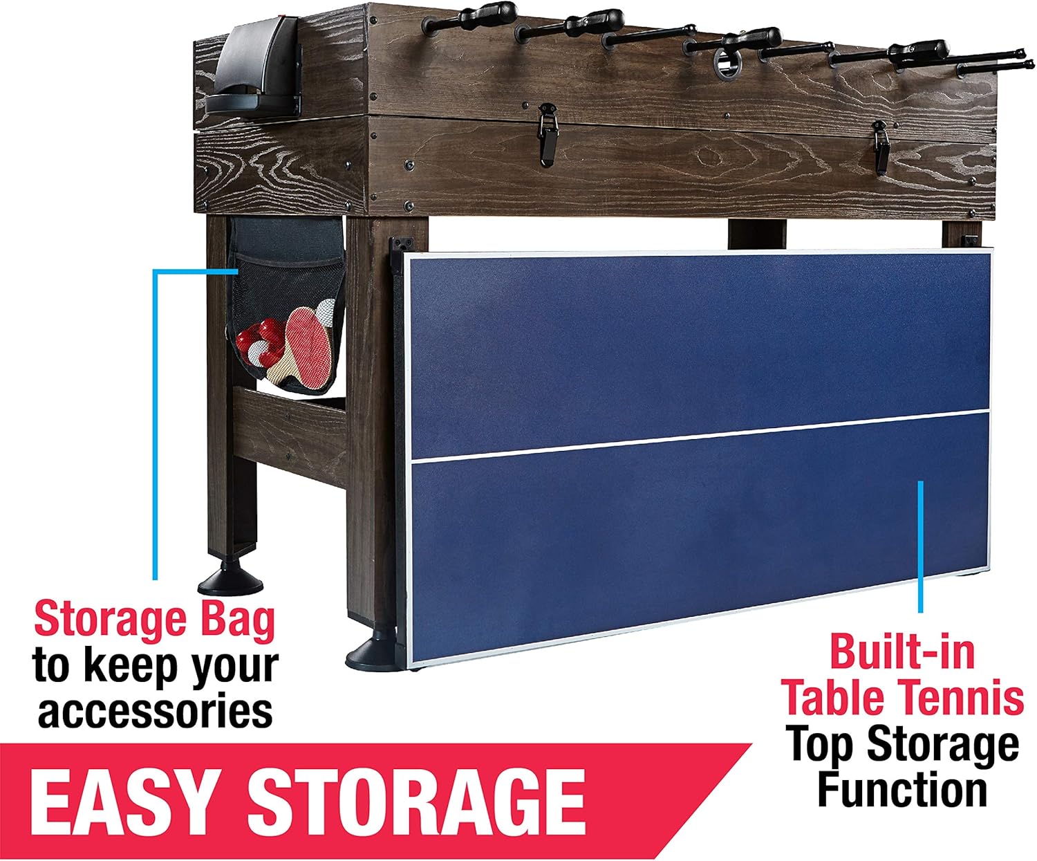 Image showing the game table with a storage bag for accessories attached to the side and the table tennis top stored vertically against the table legs.