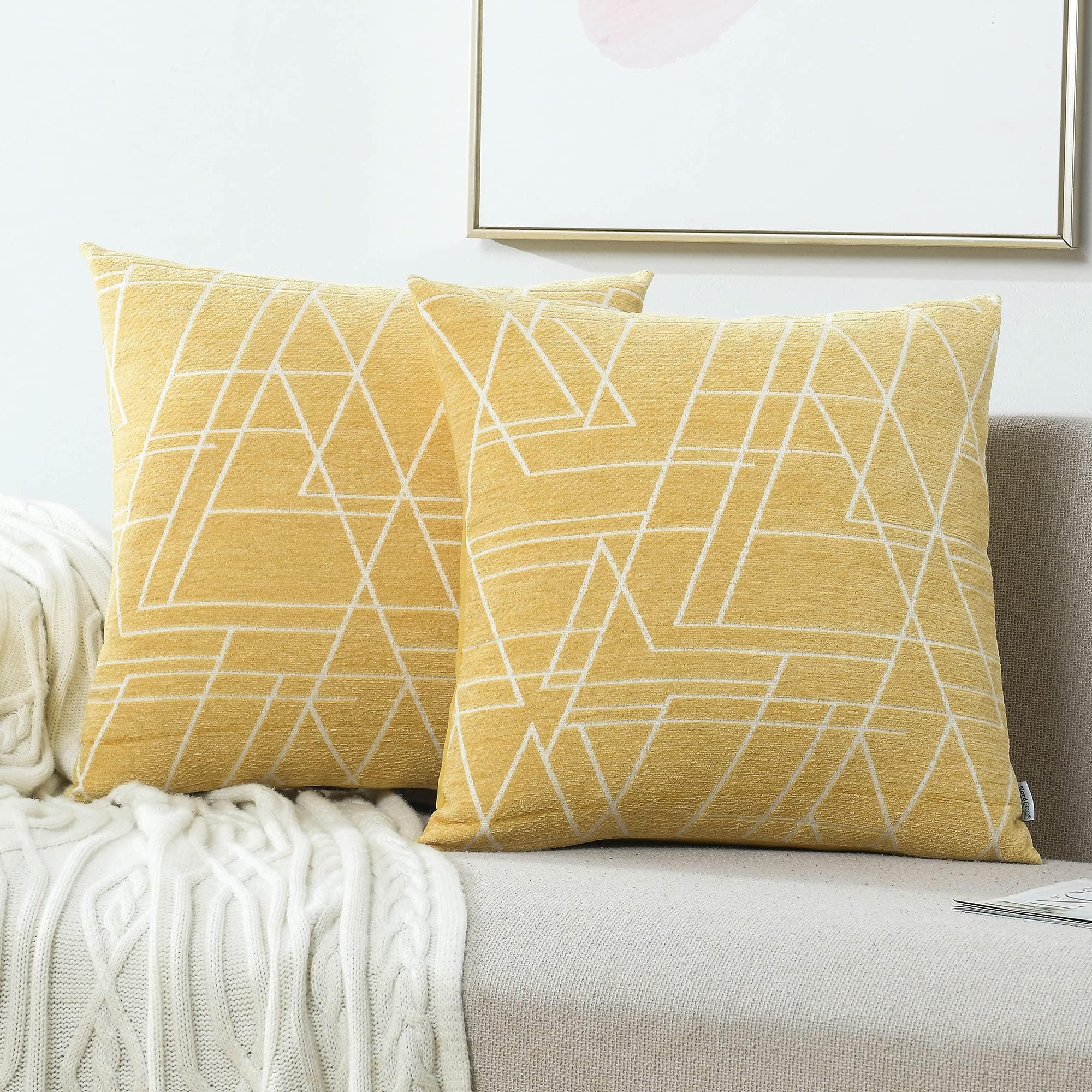 Pack of 2 Yellow Cushion Covers 45 x 45 Soft Square Throw Pillow Case for Sofa Bedroom Living Room with Invisible Zipper