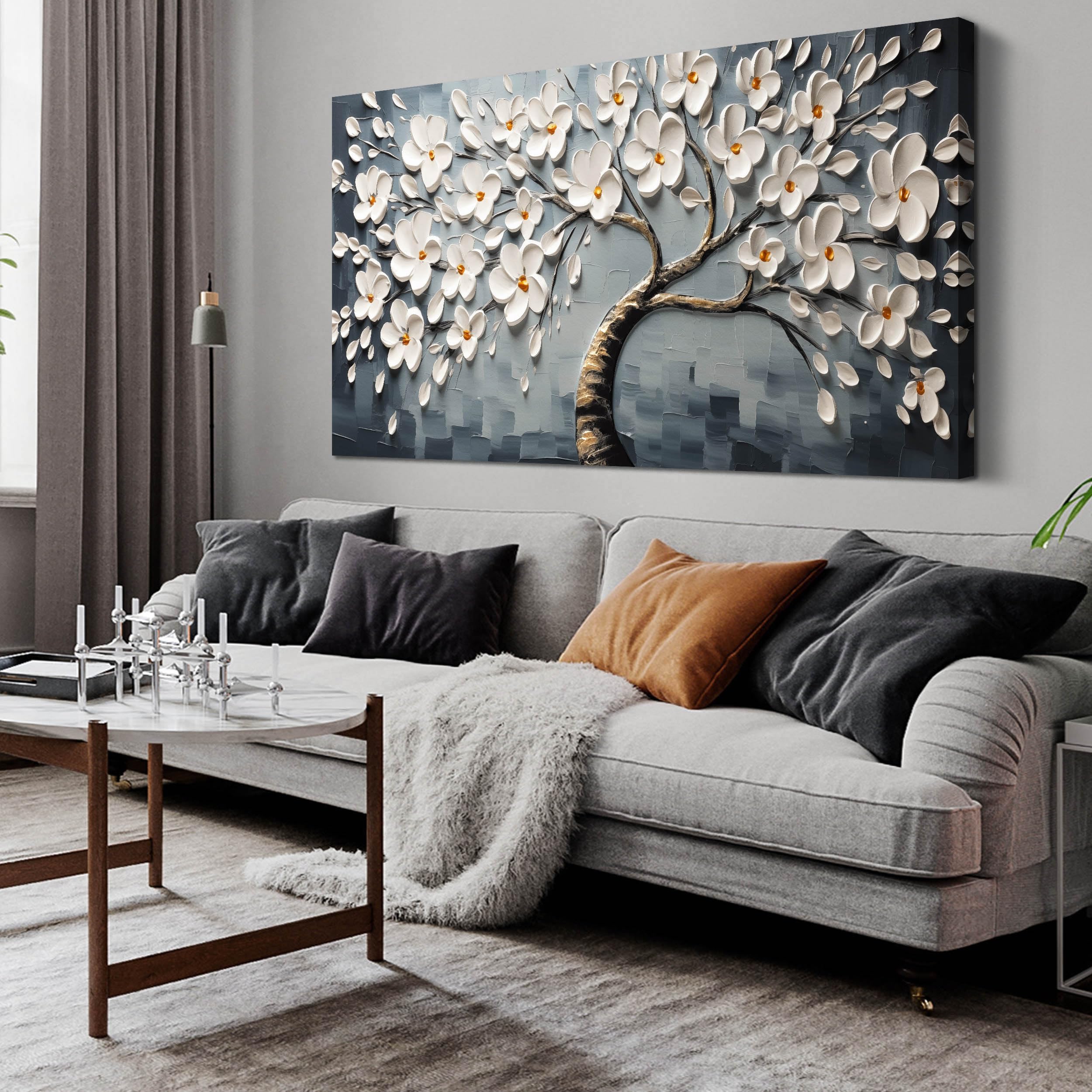 Canvas Wall Art for Living Room White Flowers Tree of Life Picture Print Paintings Large Framed Bedroom Wall