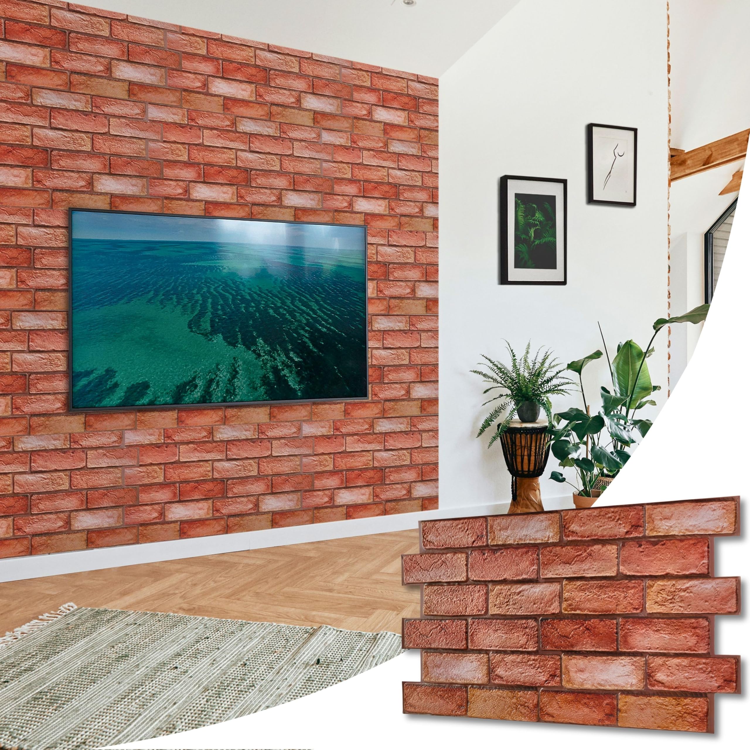 NOVECRAFTO Brick Effect 3D Wall Panels - 14 Sheets Covering 6.45 sqm | 69.44 sqf - Decorative PVC Plastic Cladding Panels - 96 cm x 48 cm | 37.80 x 18.90 in - Reddish Brown Decorative Brick Effect