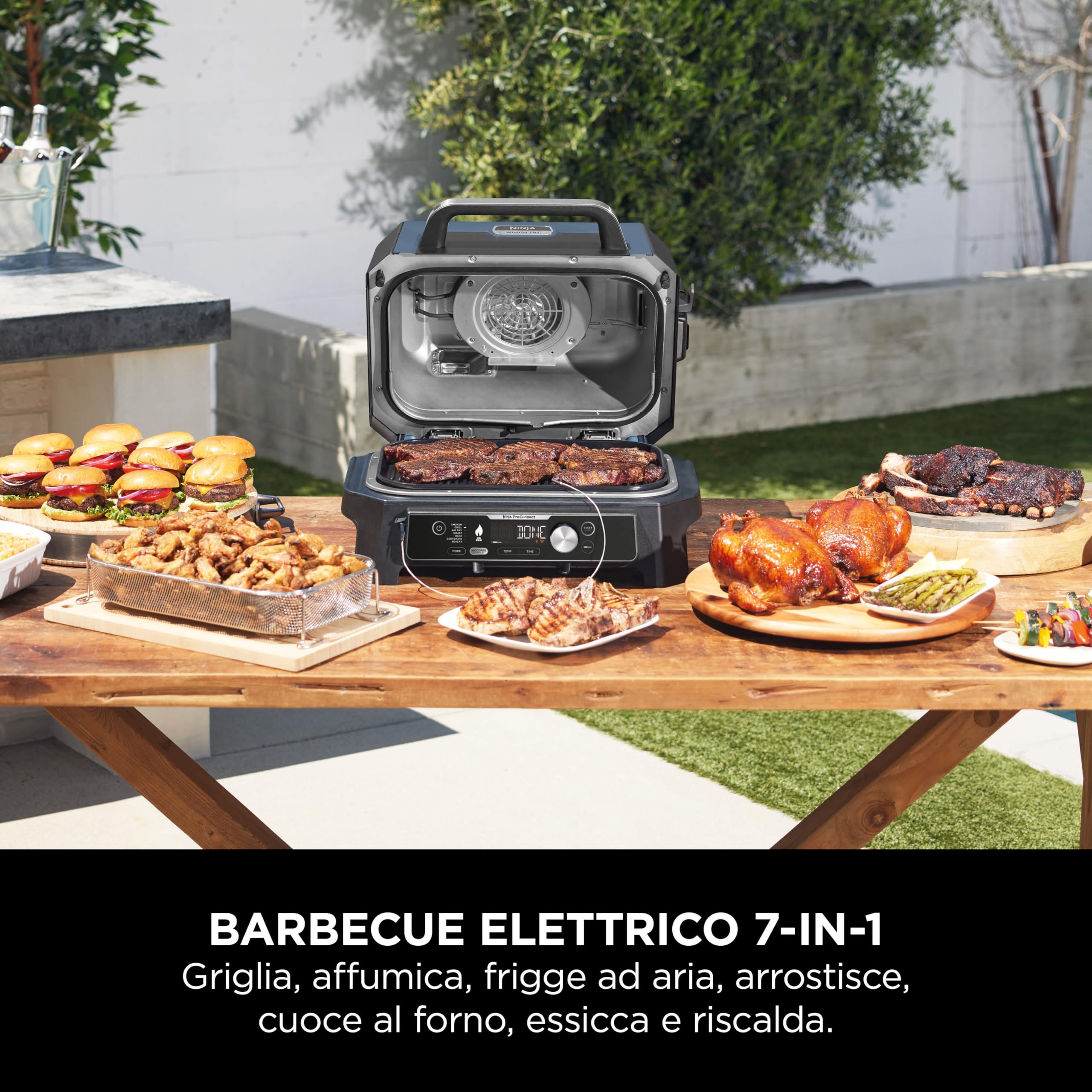 Ninja Woodfire Pro Connect XL Barbecue Elettrico 7 in 1 Griglia Affumicatore Friggitrice ad Aria Controllo App Blu/Nero