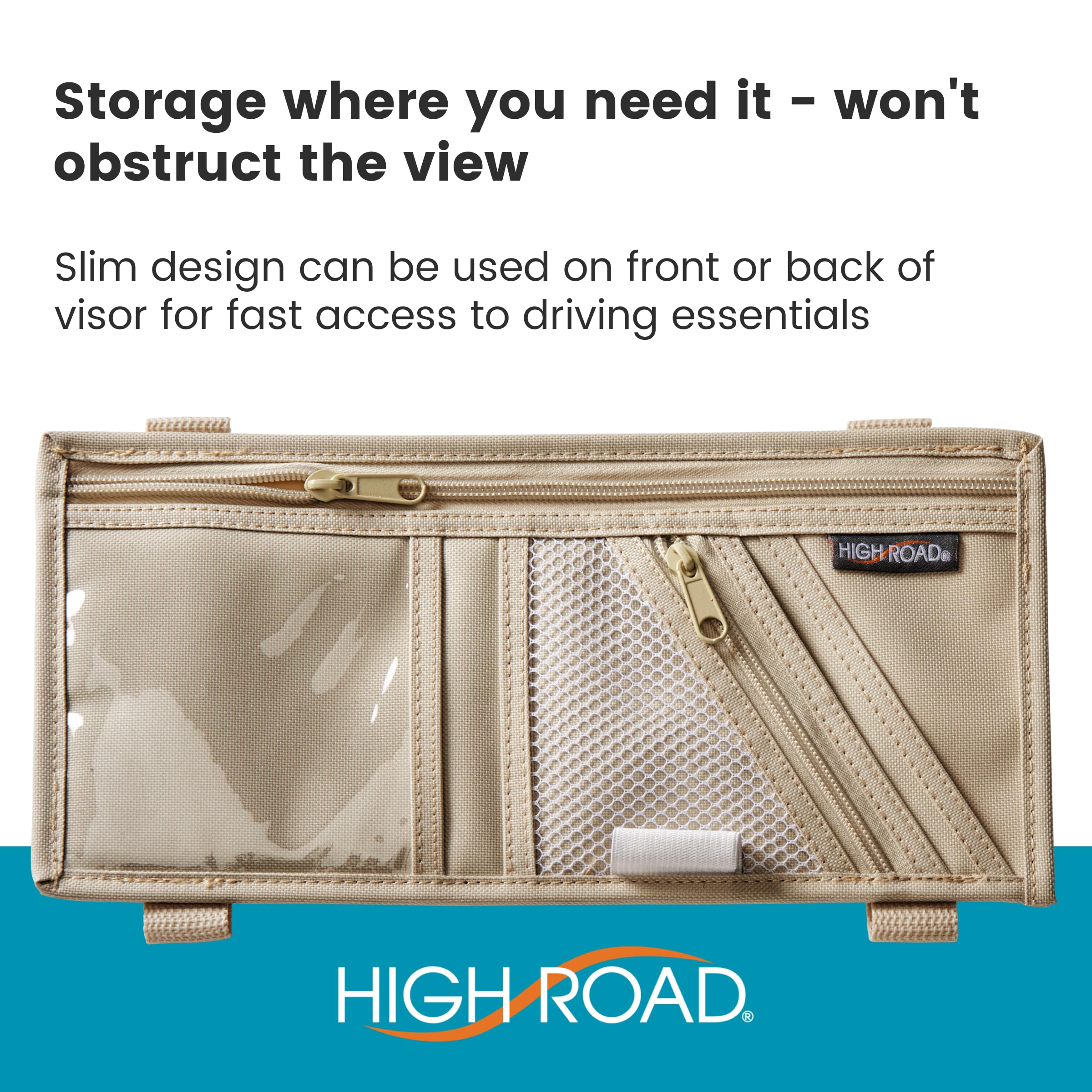 High Road Car Visor Organizer with Secure Zip Pockets, Sunglasses Holder and Clear Registration and Insurance Pocket - Heavy Duty Straps Fit Most Car, SUV and Truck Visors